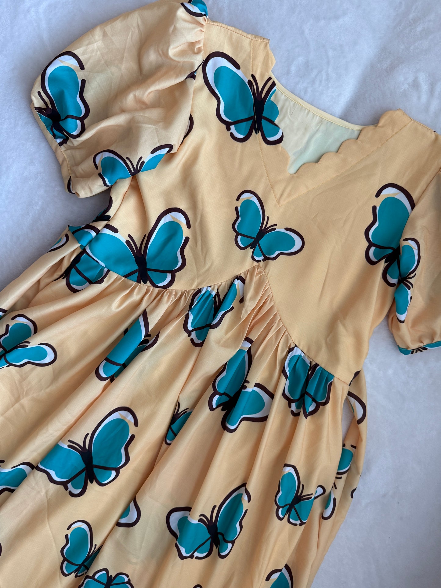 Yellow Butterfly Print Puff Sleeve Cotton Midi Dress with Ruffle Hem
