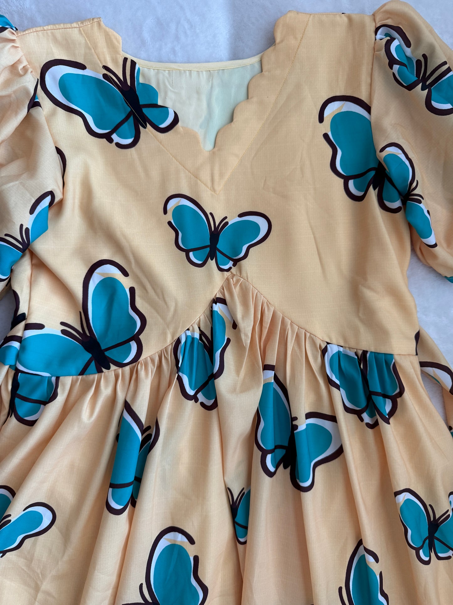 Yellow Butterfly Print Puff Sleeve Cotton Midi Dress with Ruffle Hem