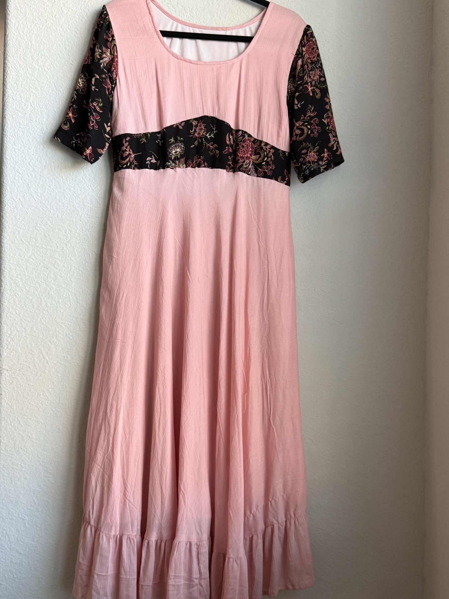 Peach Pink Midi Dress with Floral Yoke and Ruffle Hem