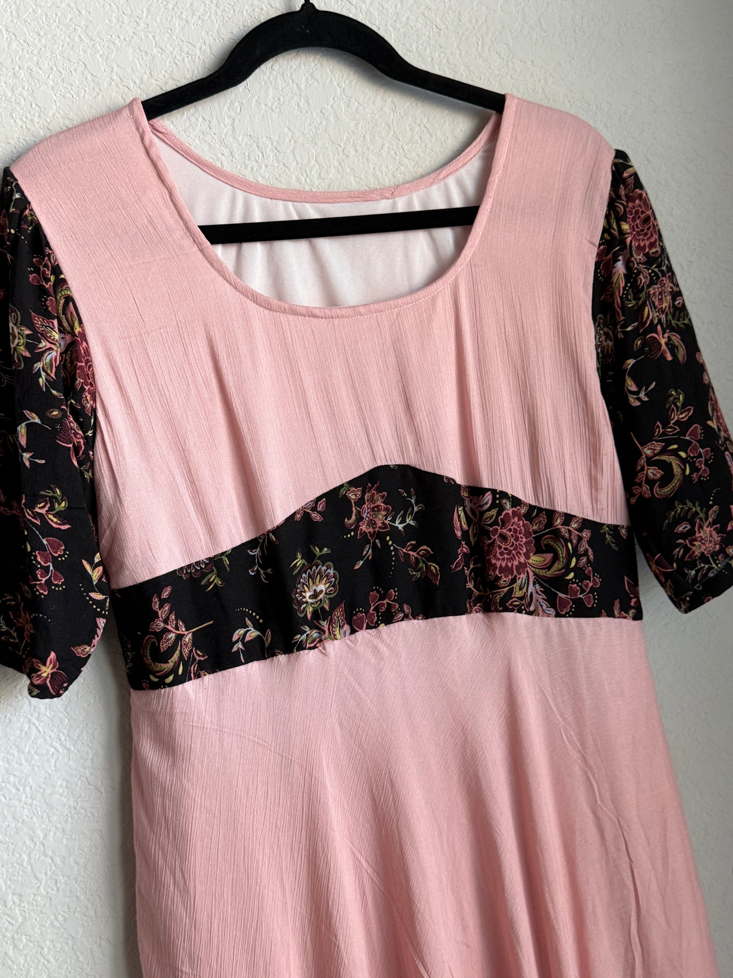 Peach Pink Midi Dress with Floral Yoke and Ruffle Hem