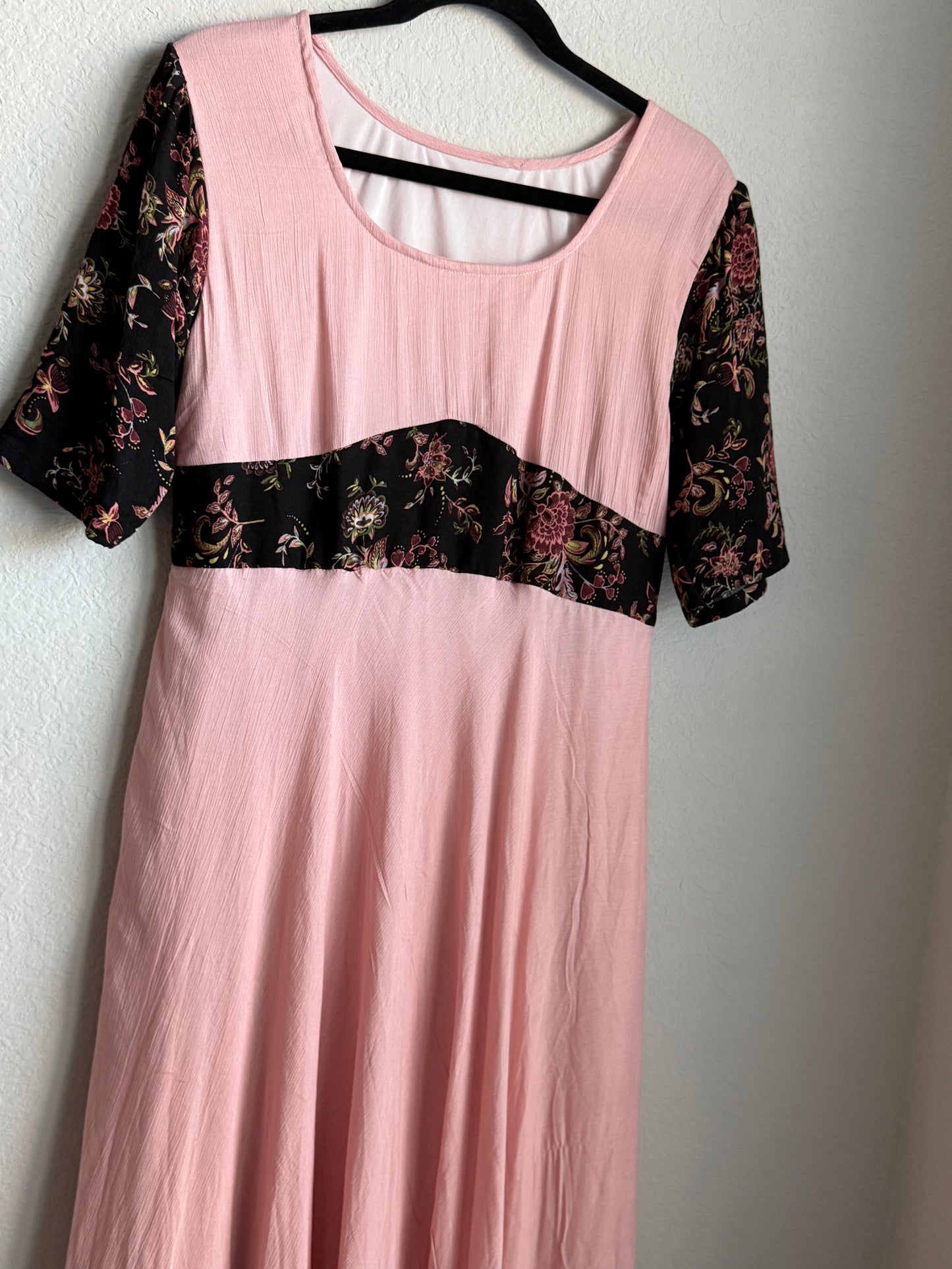Peach Pink Midi Dress with Floral Yoke and Ruffle Hem