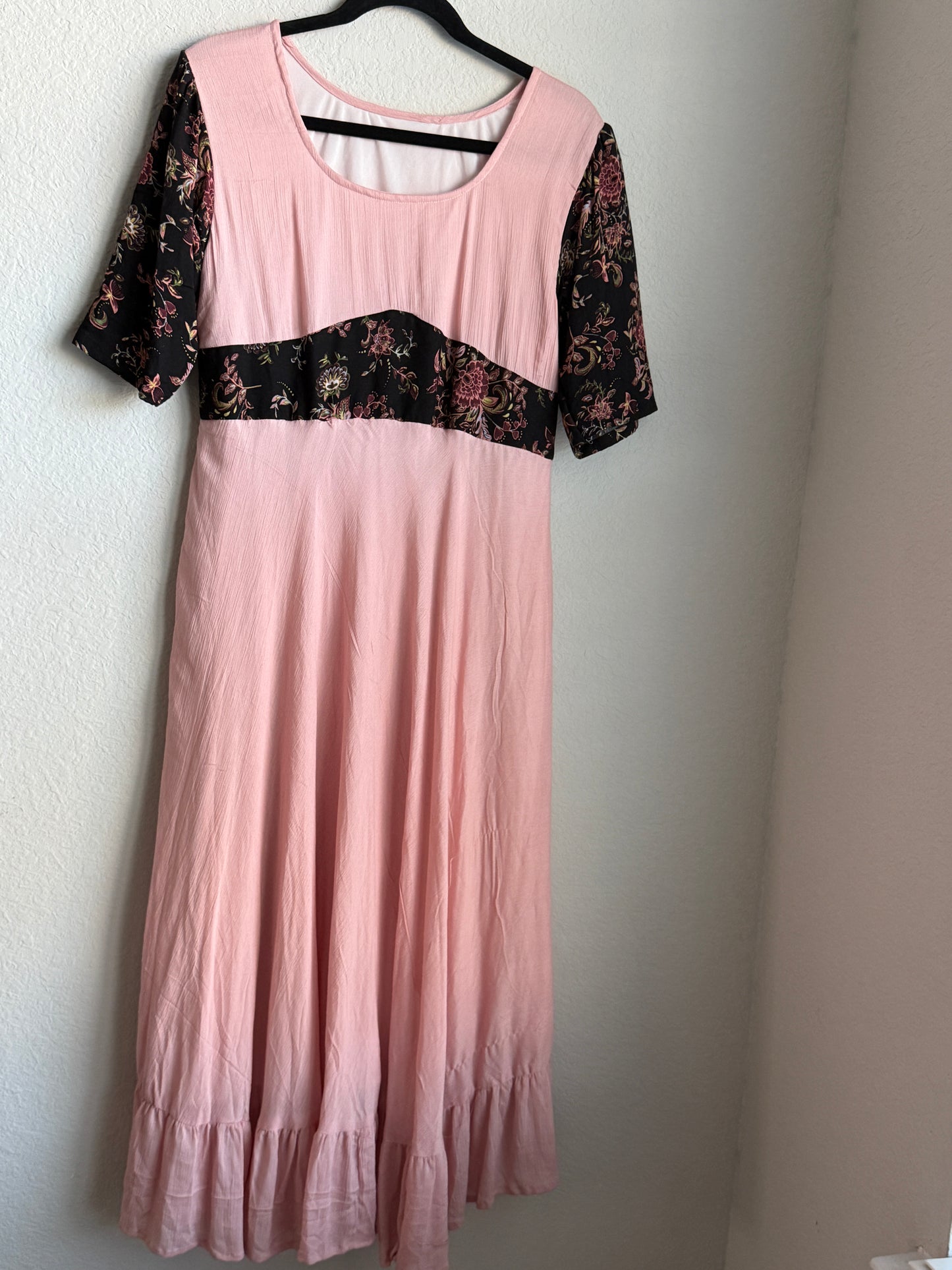 Peach Pink Midi Dress with Floral Yoke and Ruffle Hem
