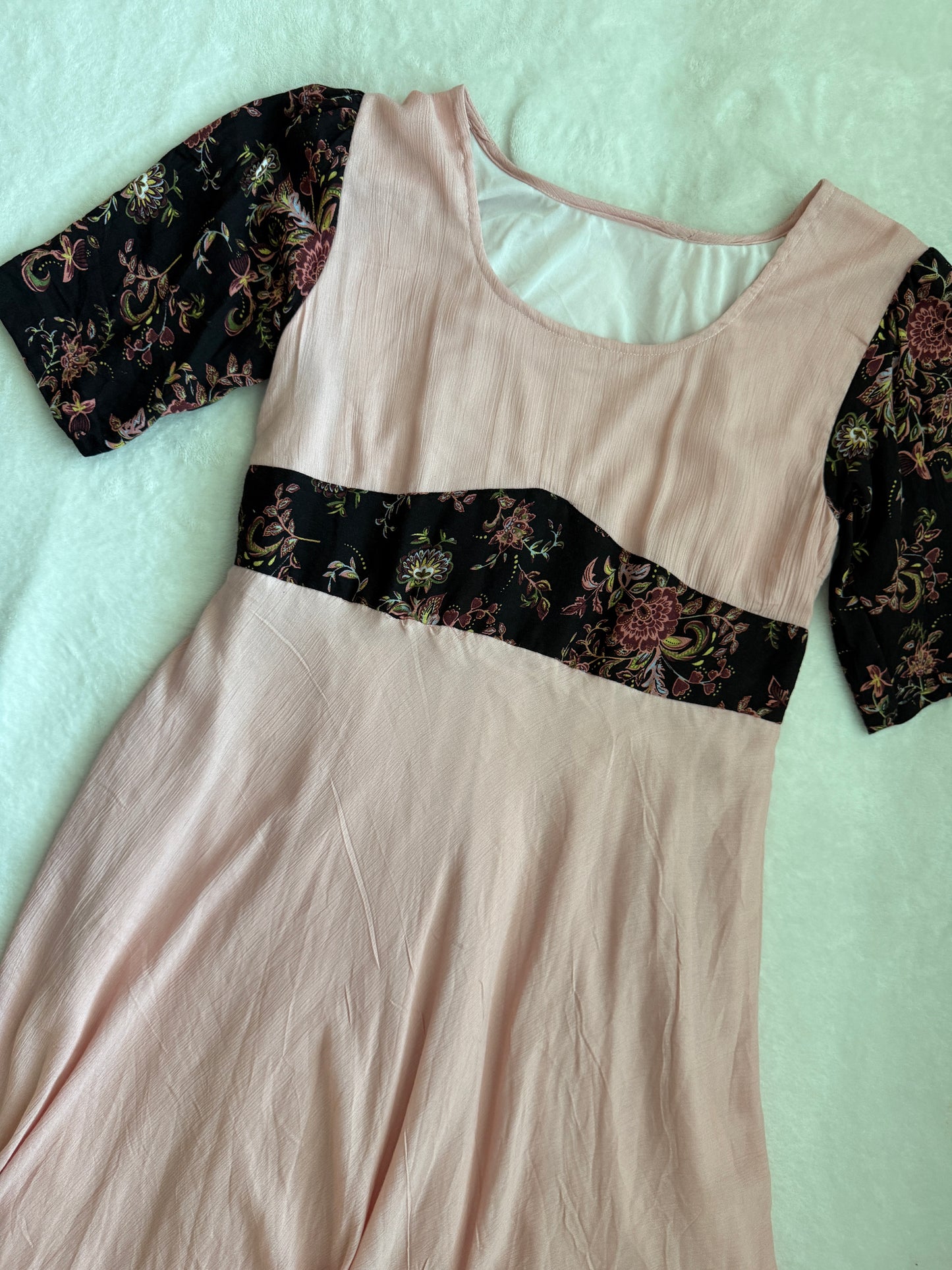 Peach Pink Midi Dress with Floral Yoke and Ruffle Hem