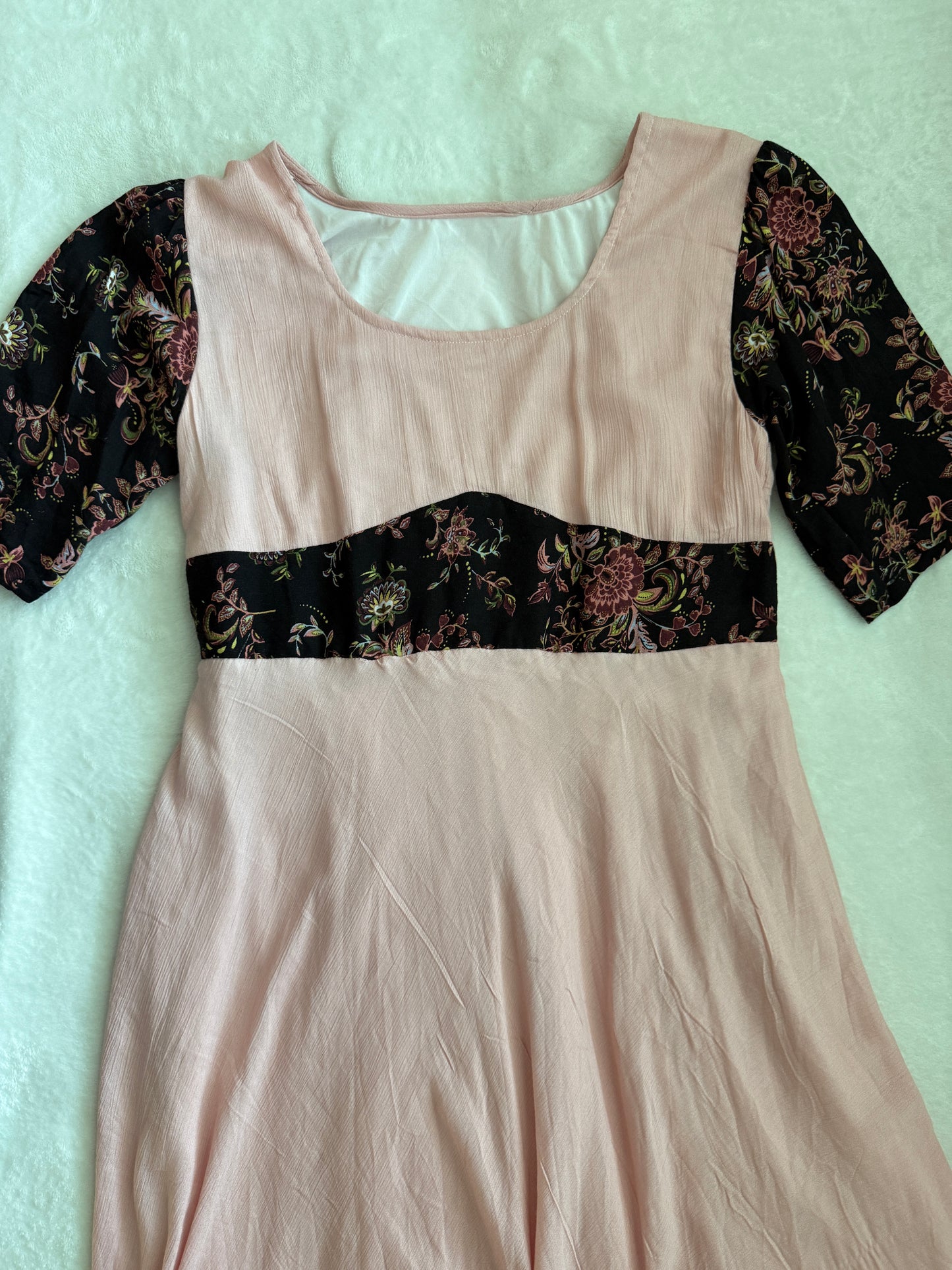 Peach Pink Midi Dress with Floral Yoke and Ruffle Hem