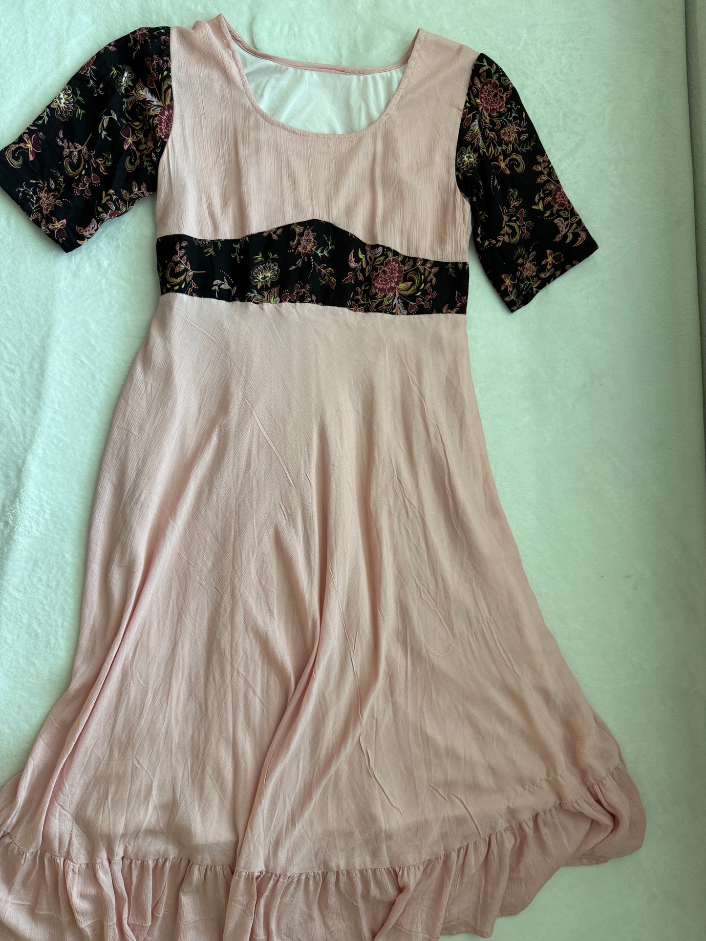 Peach Pink Midi Dress with Floral Yoke and Ruffle Hem