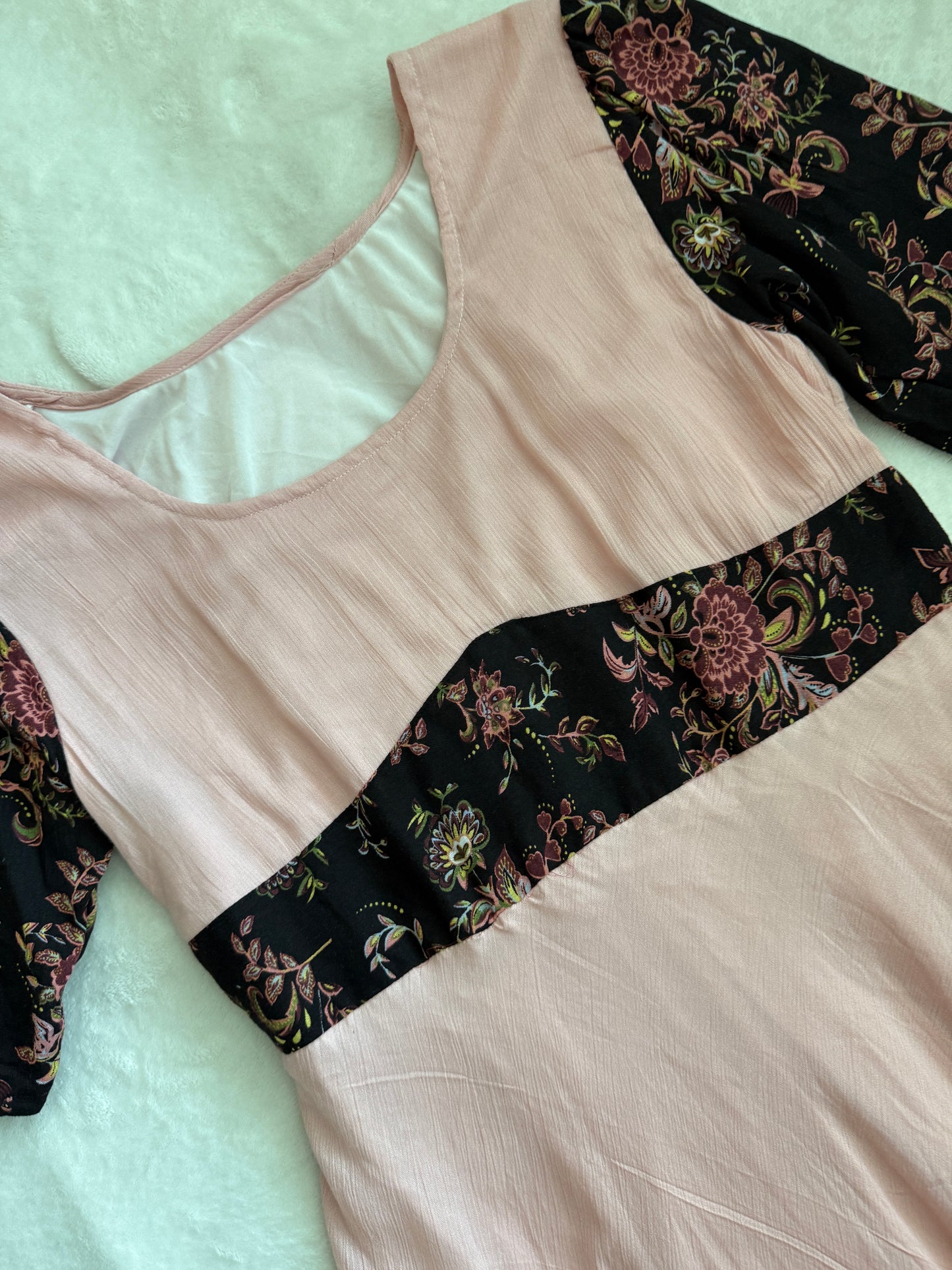 Peach Pink Midi Dress with Floral Yoke and Ruffle Hem