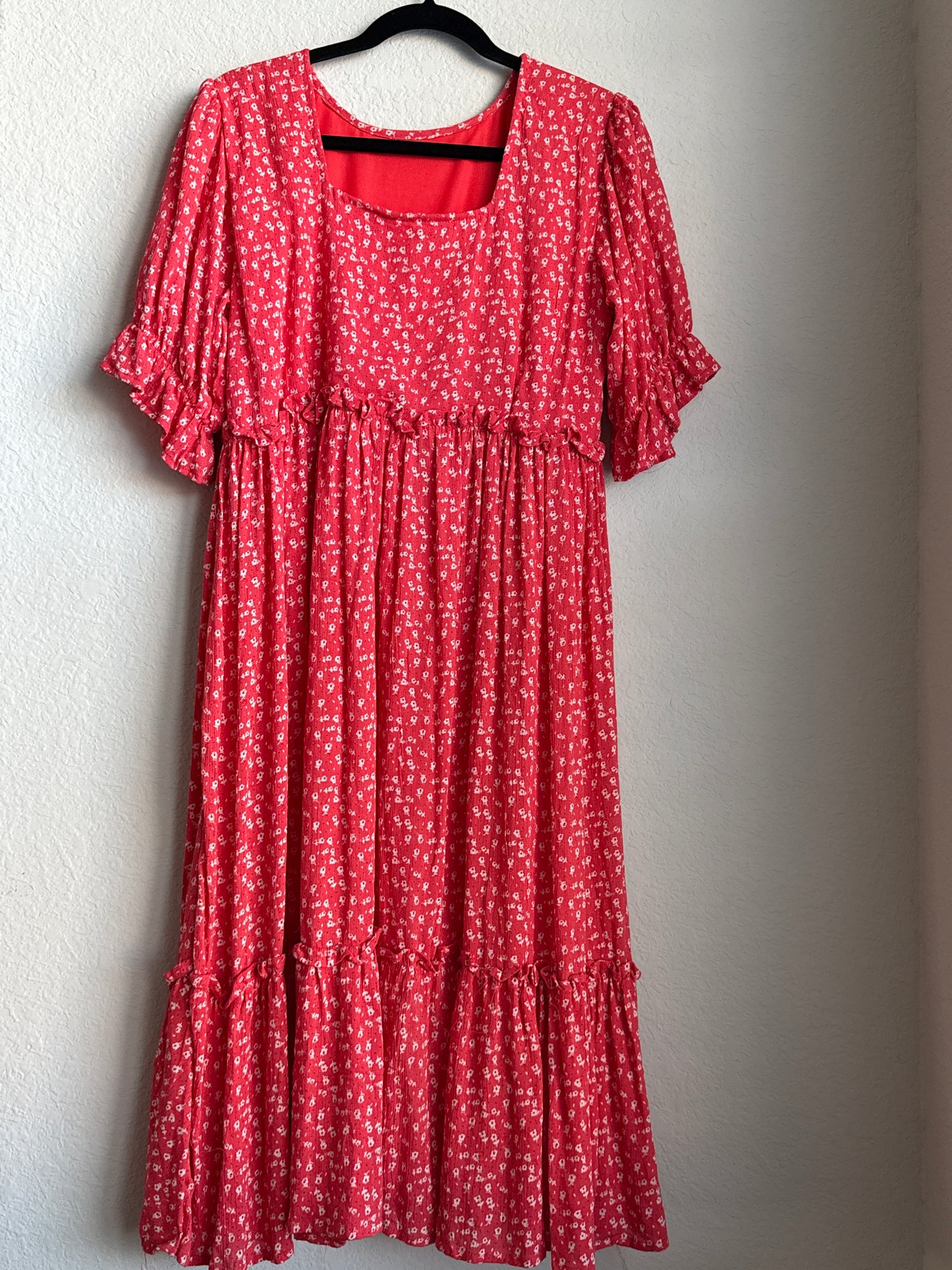 Red Floral Rayon Puff Sleeve Midi Dress with Ruffle Hem