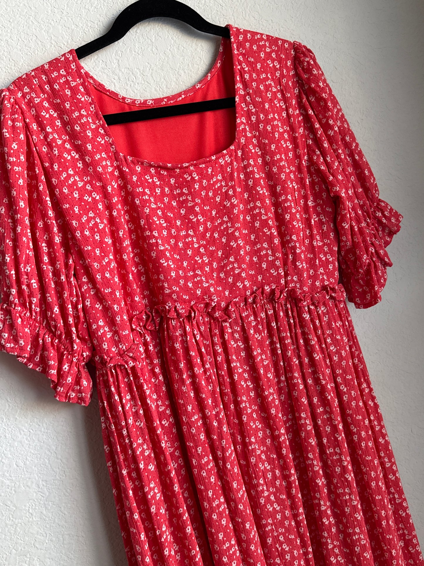 Red Floral Rayon Puff Sleeve Midi Dress with Ruffle Hem