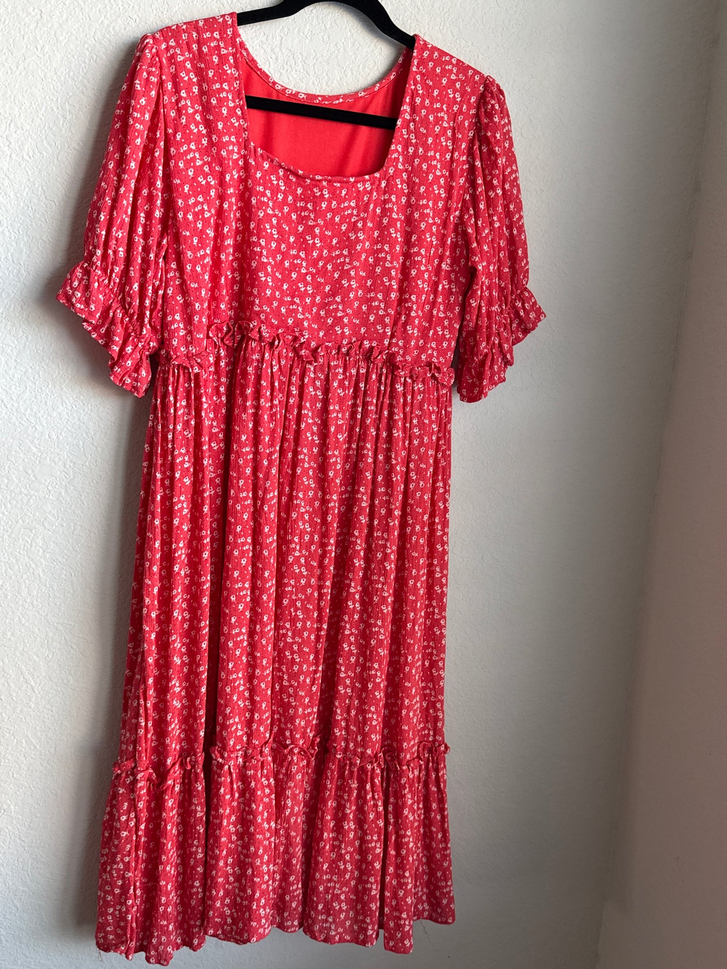Red Floral Rayon Puff Sleeve Midi Dress with Ruffle Hem