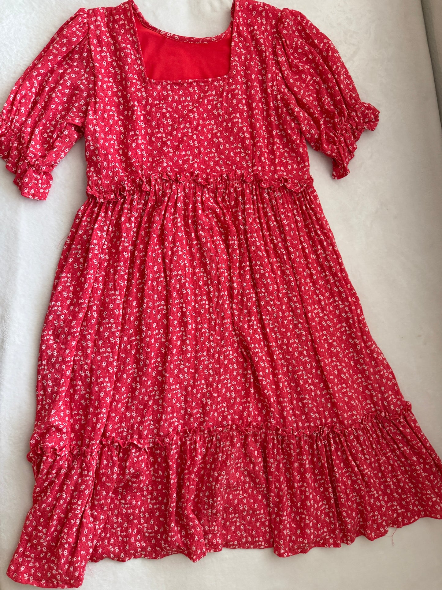 Red Floral Rayon Puff Sleeve Midi Dress with Ruffle Hem