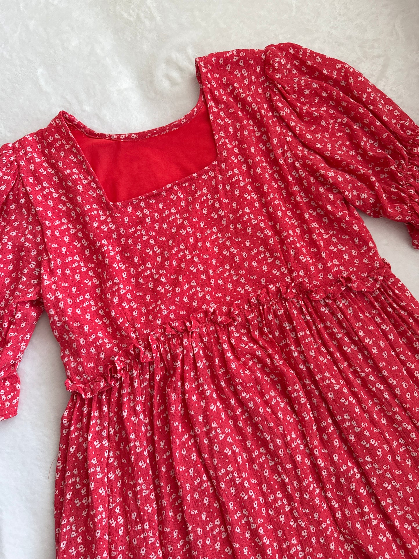 Red Floral Rayon Puff Sleeve Midi Dress with Ruffle Hem
