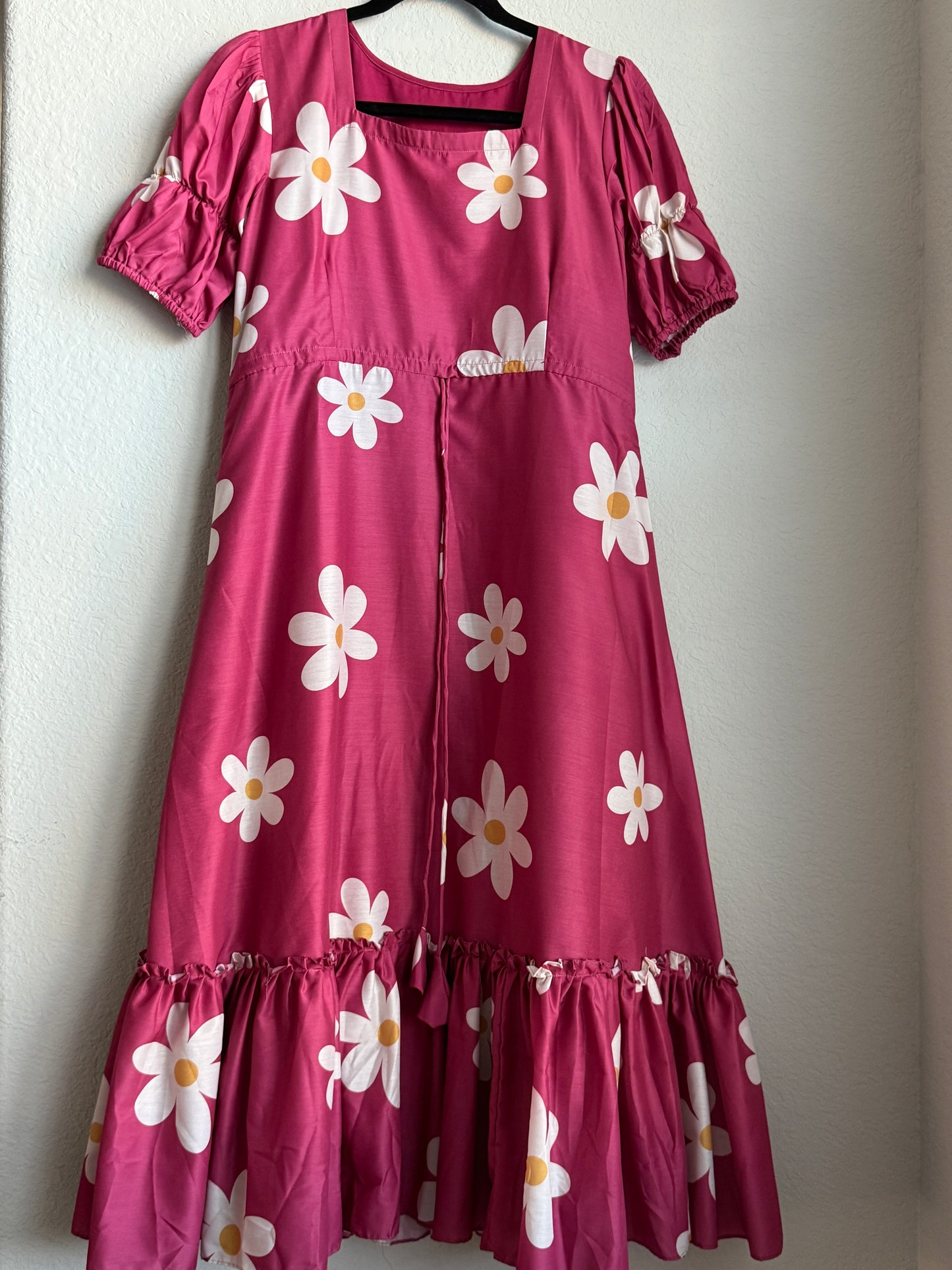 Pink Daisy Print Puff Sleeve Midi Dress with Ruffle Hem