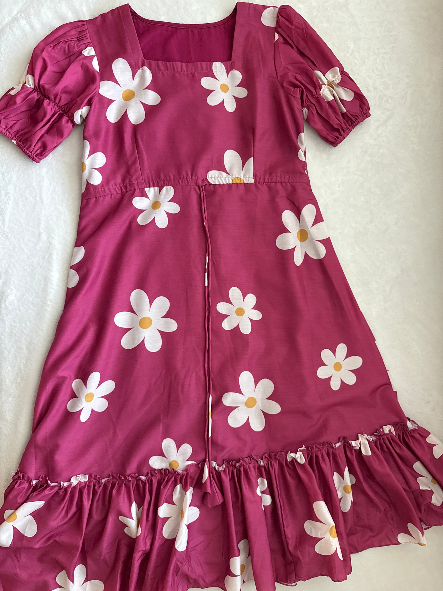 Pink Daisy Print Puff Sleeve Midi Dress with Ruffle Hem