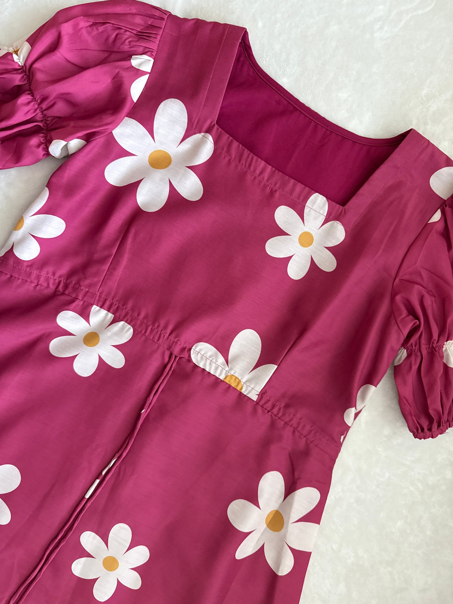 Pink Daisy Print Puff Sleeve Midi Dress with Ruffle Hem