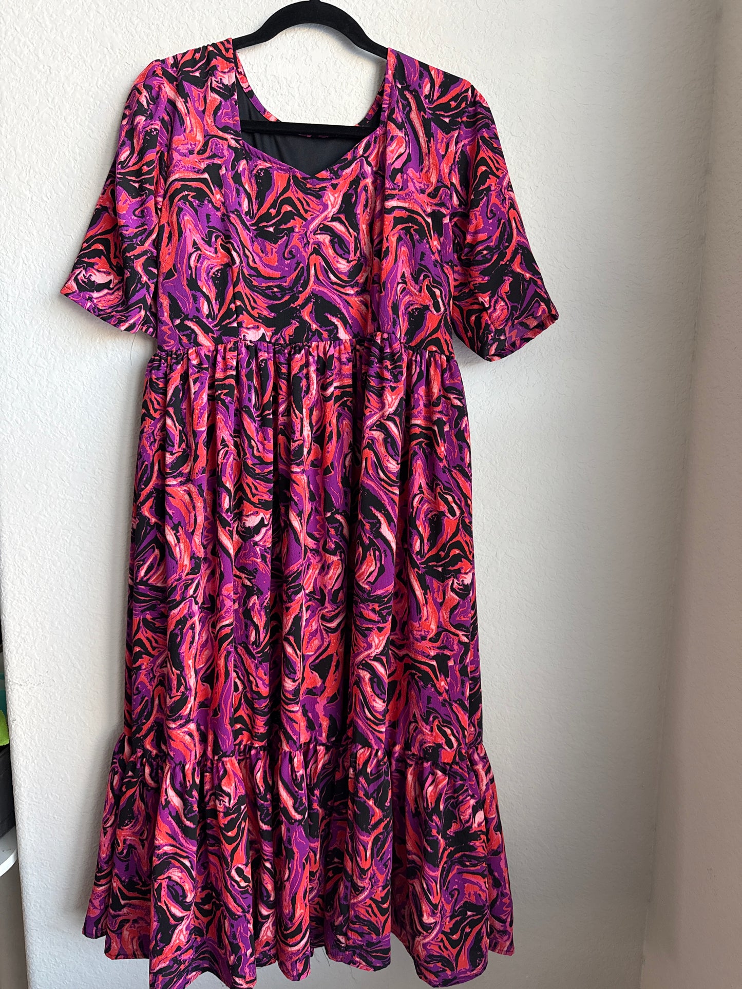 Marble Georgette Midi Dress in Pink – Ruffle Hem Summer Frock