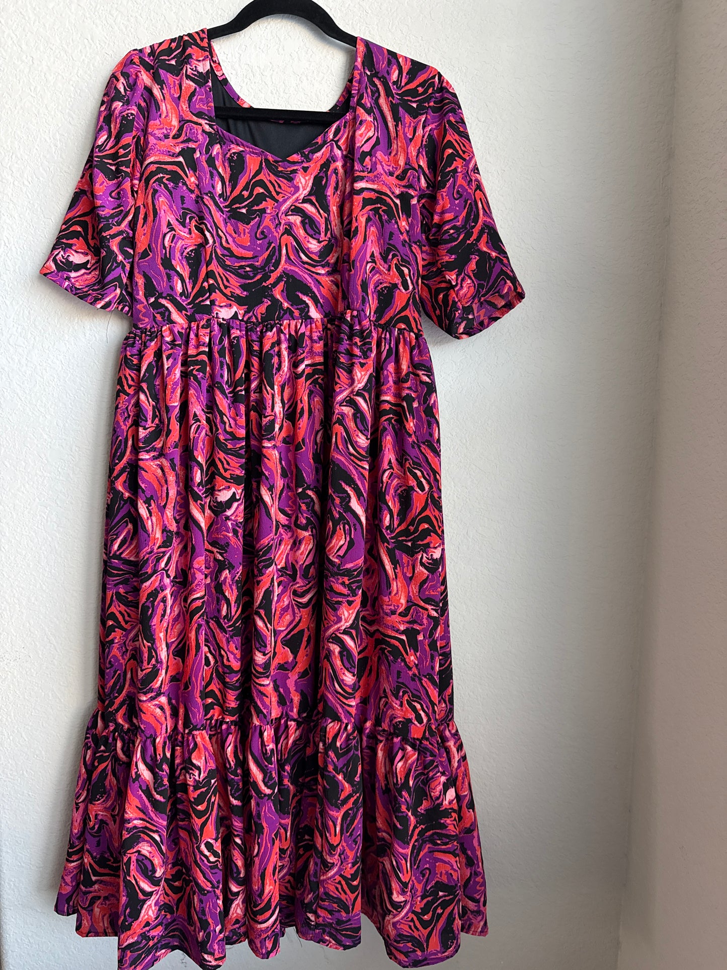 Marble Georgette Midi Dress in Pink – Ruffle Hem Summer Frock