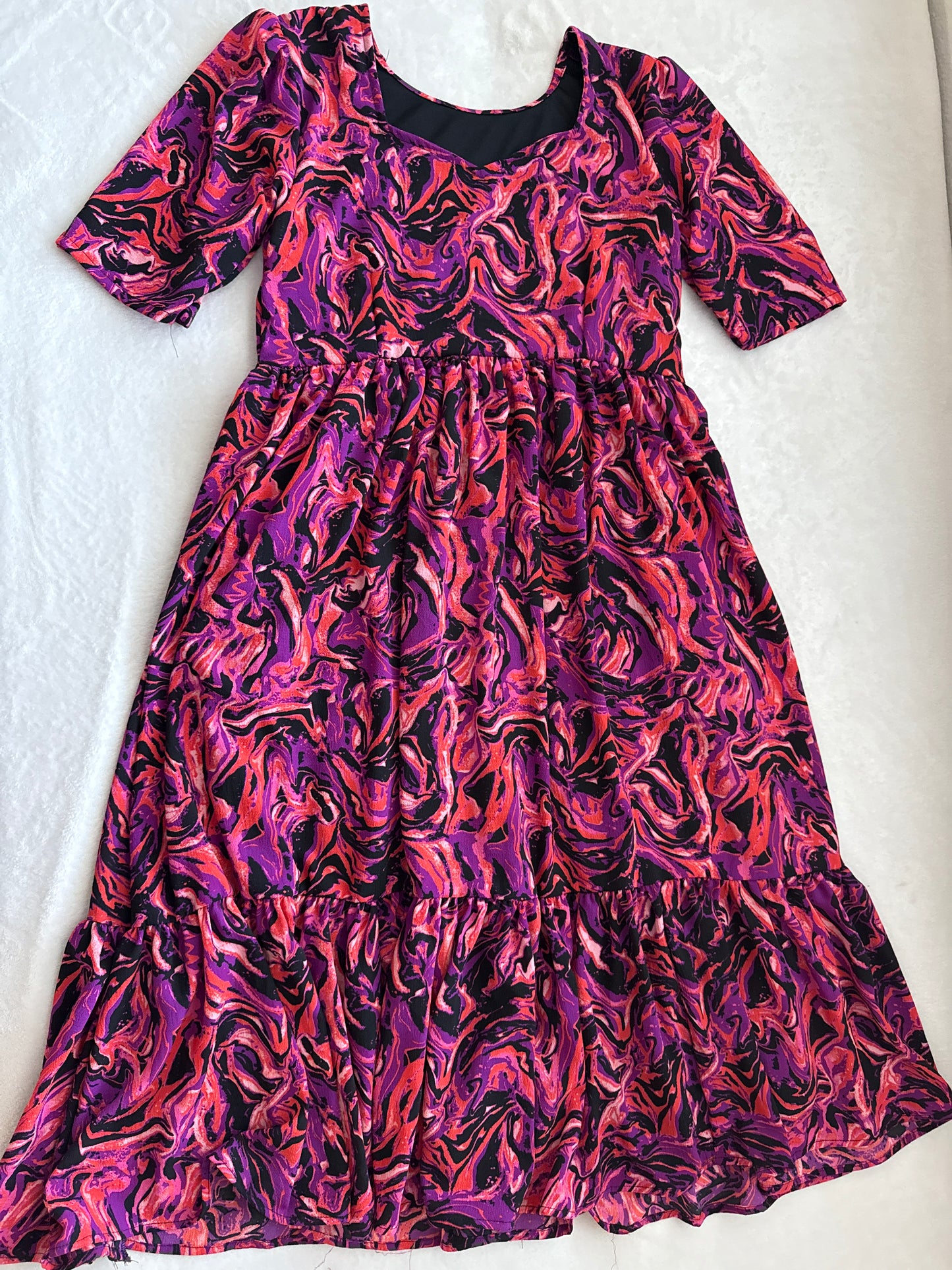 Marble Georgette Midi Dress in Pink – Ruffle Hem Summer Frock