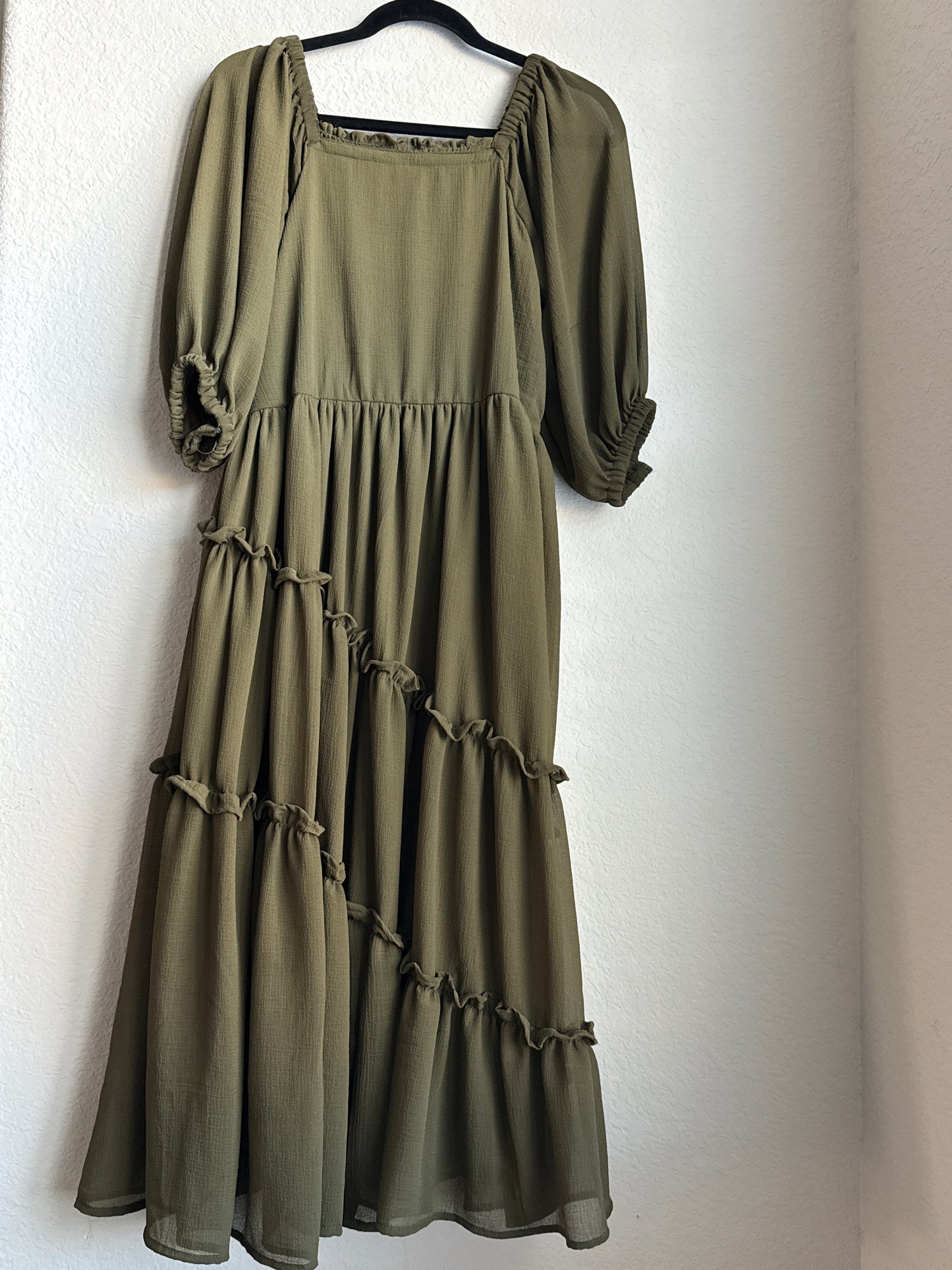 Olive Green Tiered Puff Sleeve Crape Midi Dress – Square Neck Boho Style