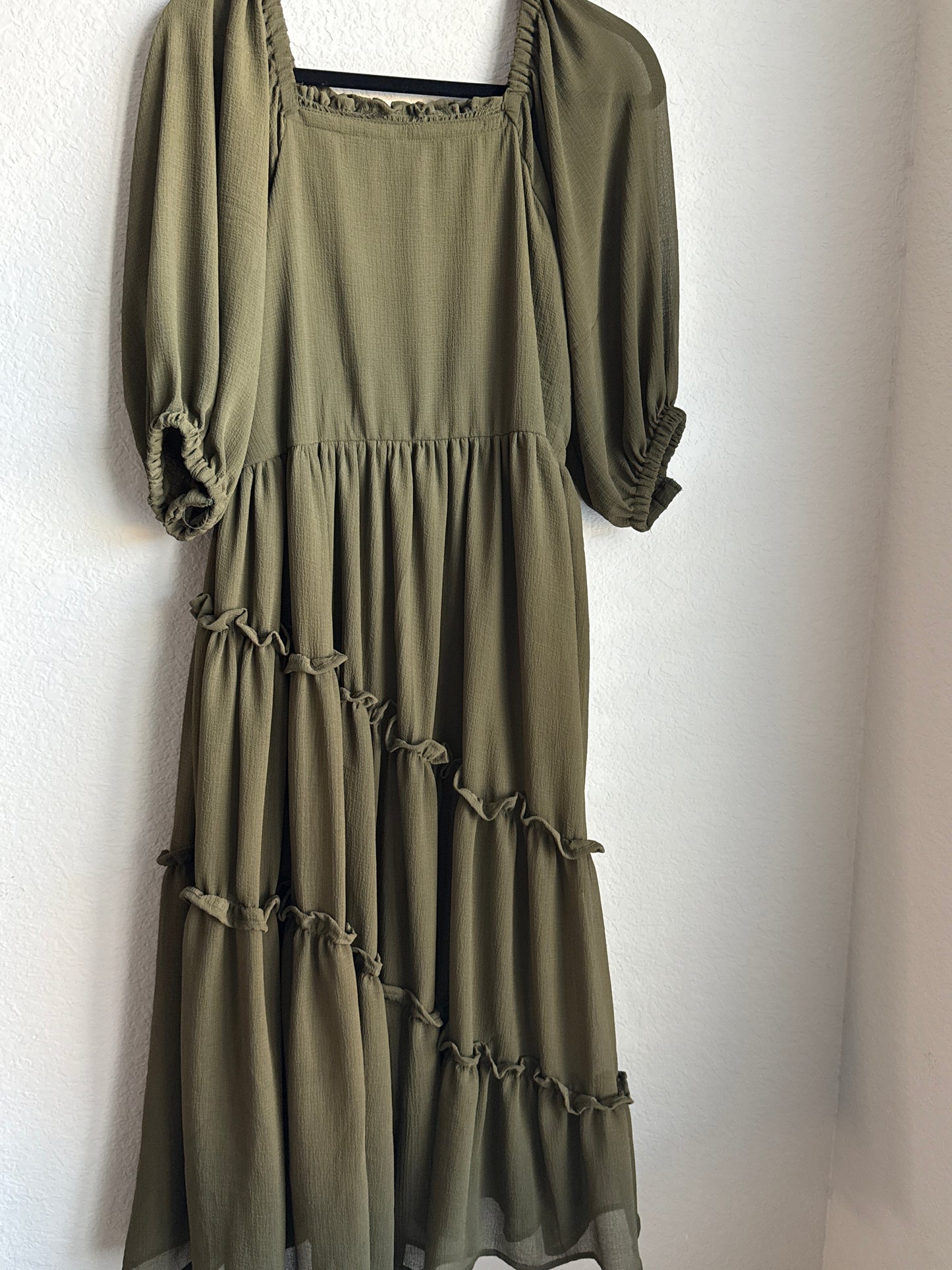 Olive Green Tiered Puff Sleeve Crape Midi Dress – Square Neck Boho Style