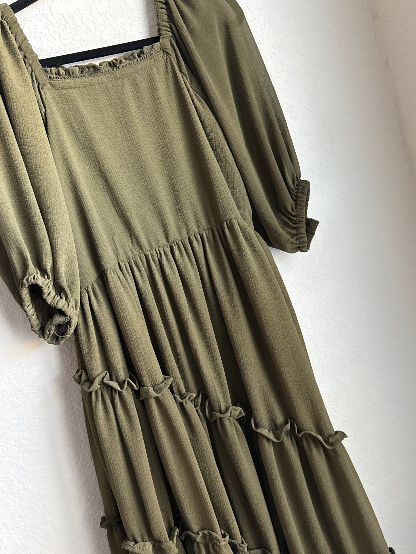 Olive Green Tiered Puff Sleeve Crape Midi Dress – Square Neck Boho Style