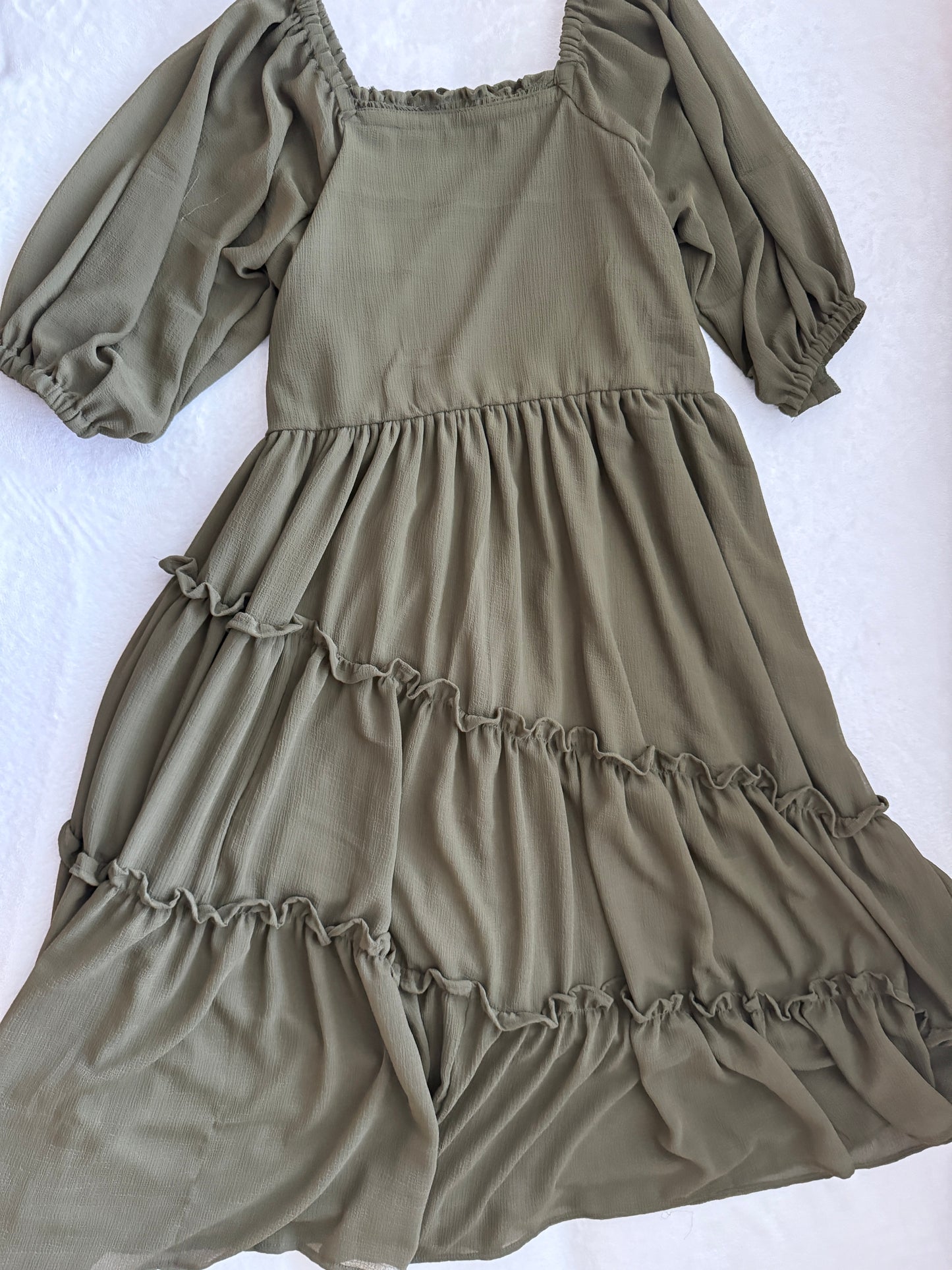Olive Green Tiered Puff Sleeve Crape Midi Dress – Square Neck Boho Style
