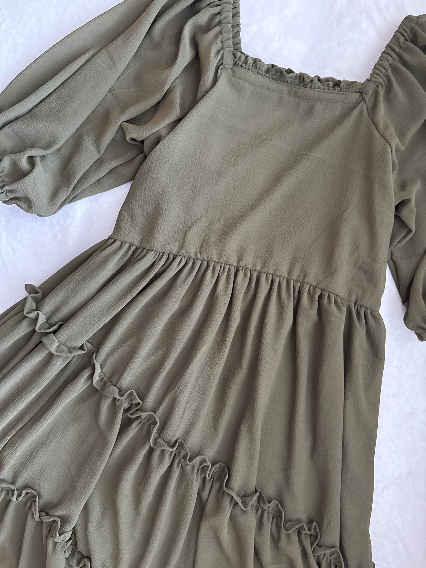Olive Green Tiered Puff Sleeve Crape Midi Dress – Square Neck Boho Style