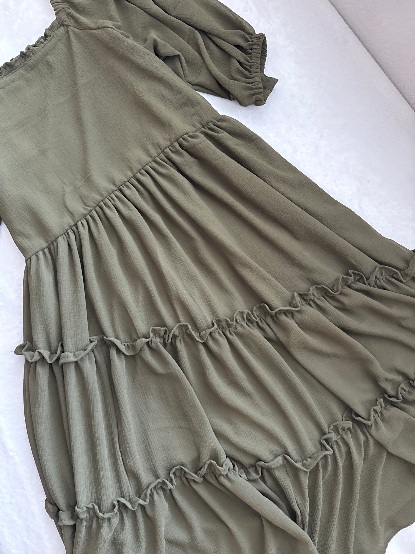 Olive Green Tiered Puff Sleeve Crape Midi Dress – Square Neck Boho Style