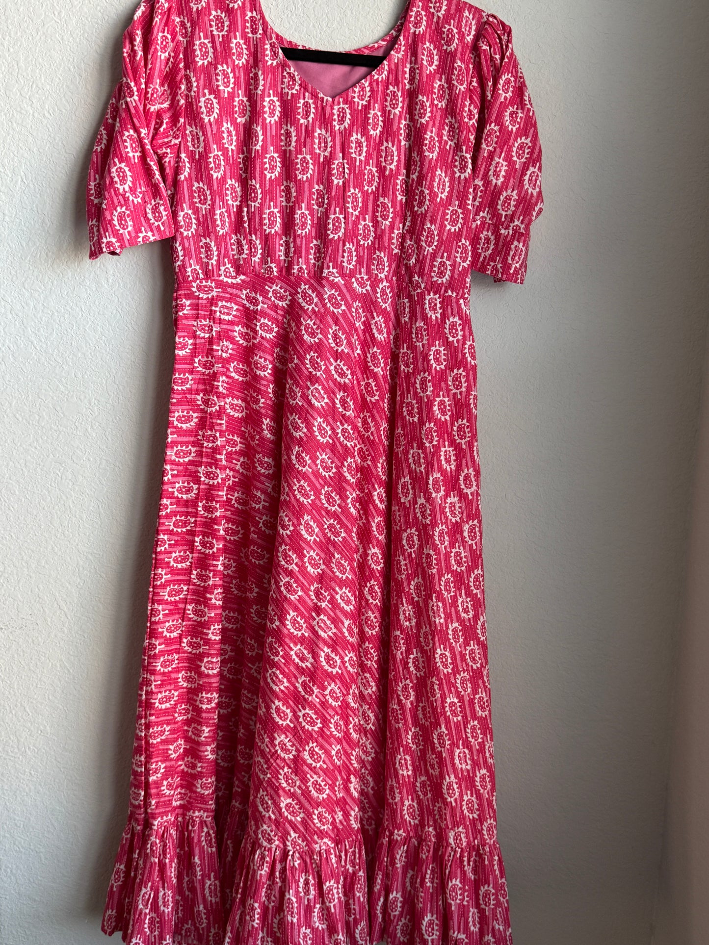 Pink Hand Block Cotton Midi Dress with Ruffle Hem – Summer Ethnic Style