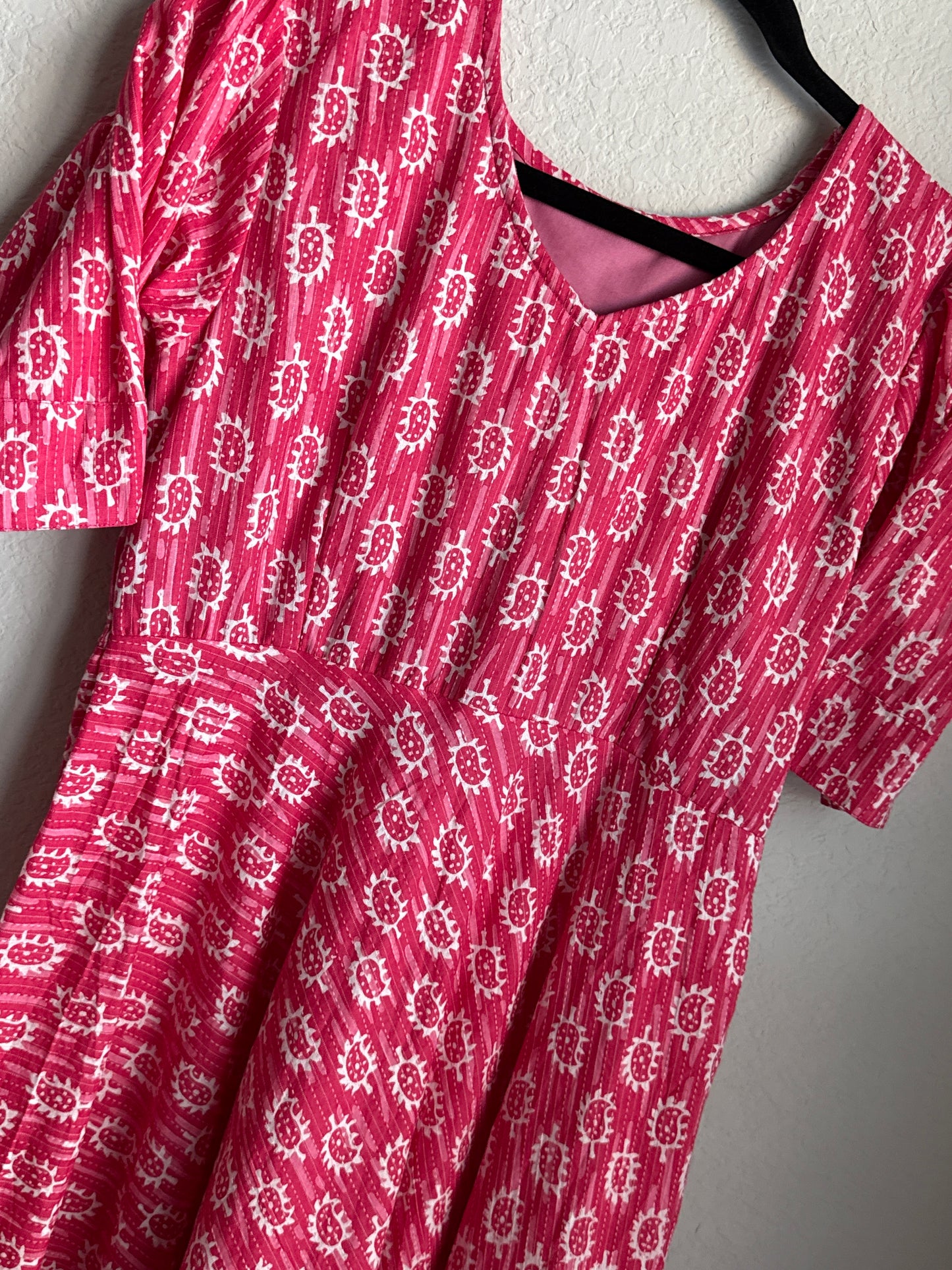 Pink Hand Block Cotton Midi Dress with Ruffle Hem – Summer Ethnic Style