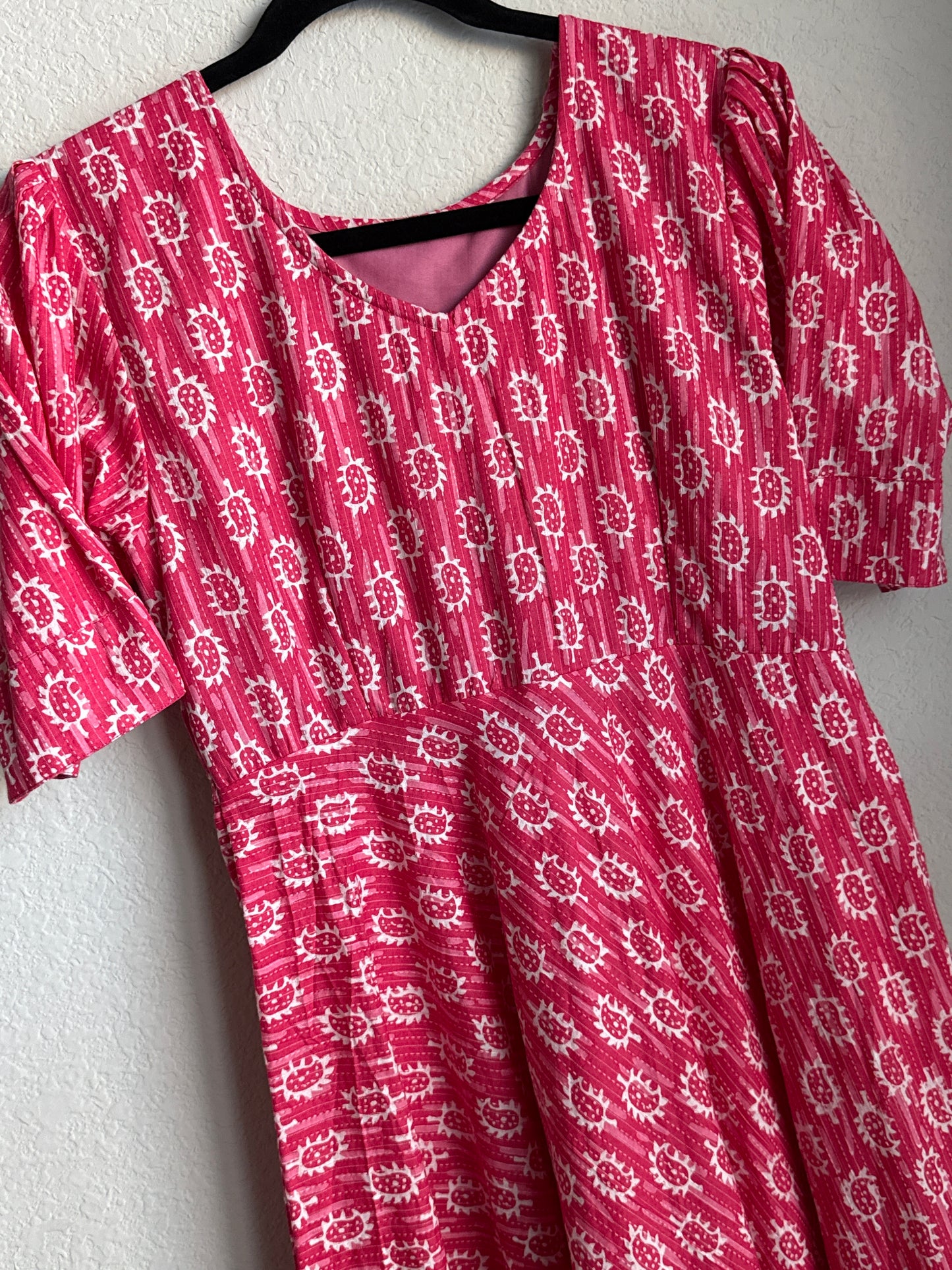 Pink Hand Block Cotton Midi Dress with Ruffle Hem – Summer Ethnic Style