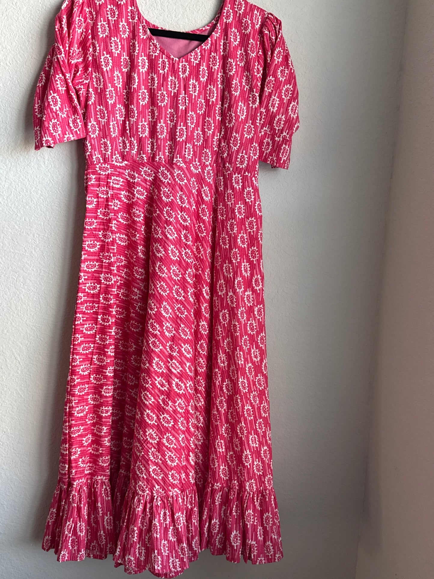 Pink Hand Block Cotton Midi Dress with Ruffle Hem – Summer Ethnic Style