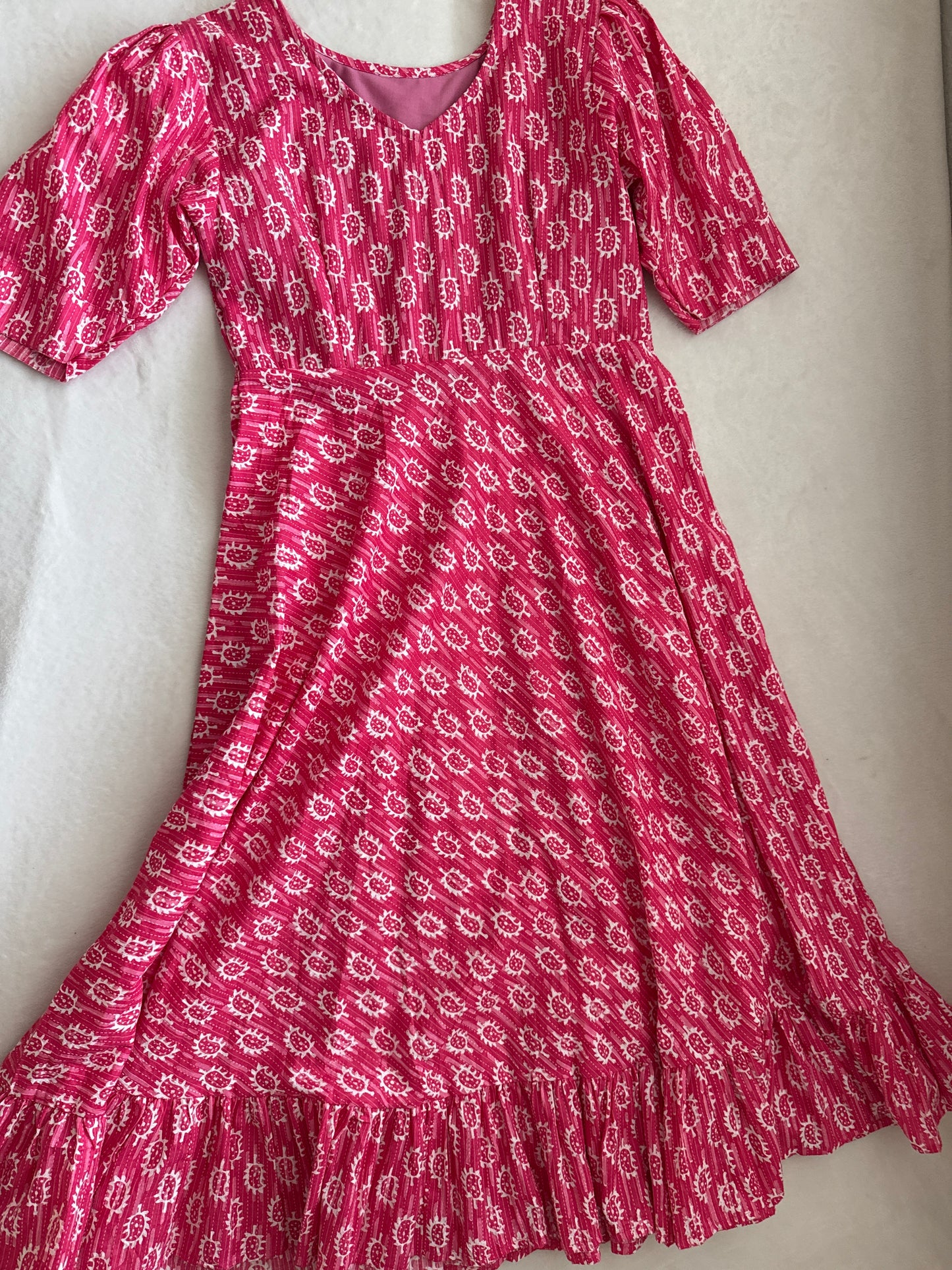 Pink Hand Block Cotton Midi Dress with Ruffle Hem – Summer Ethnic Style