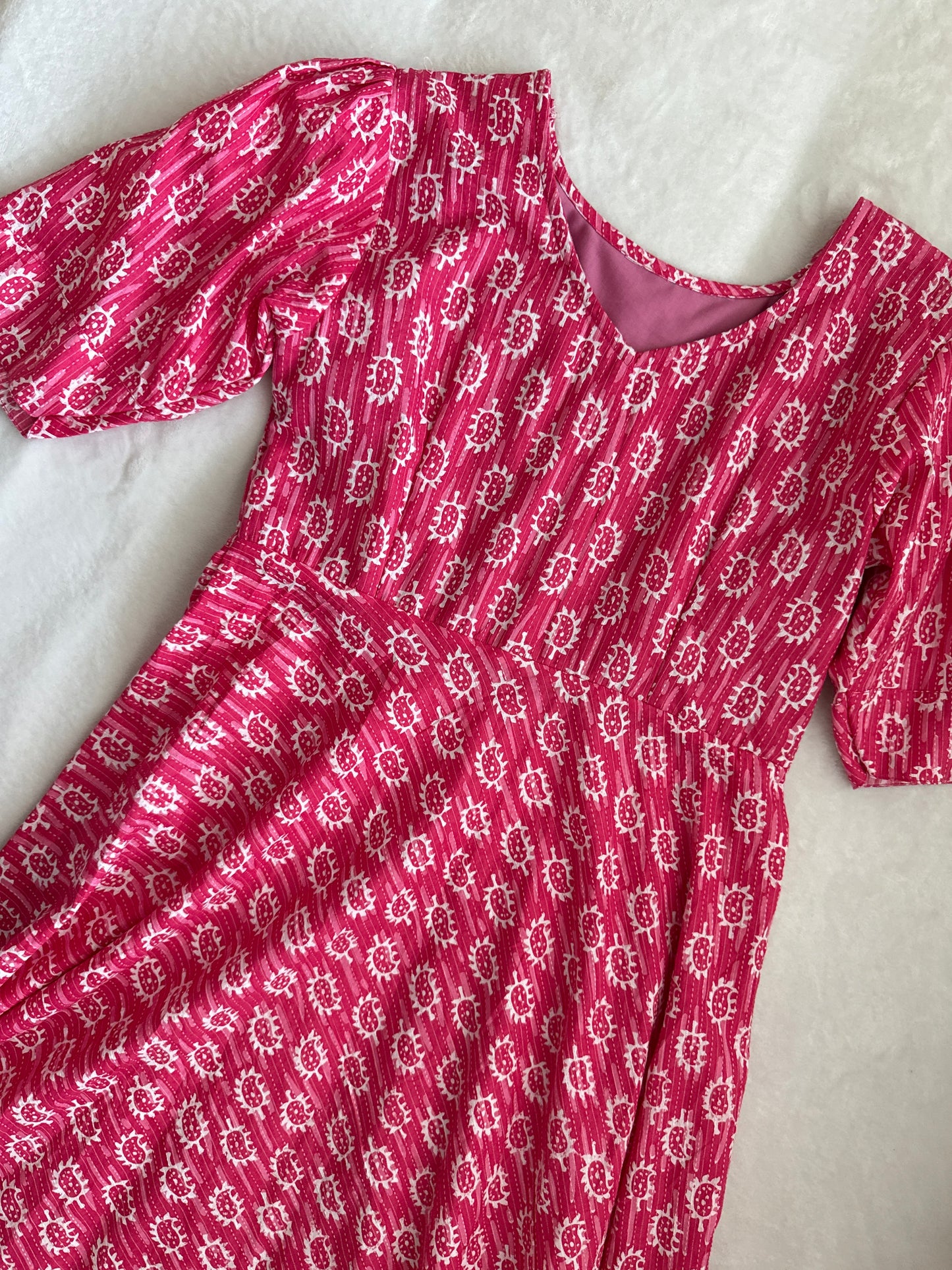 Pink Hand Block Cotton Midi Dress with Ruffle Hem – Summer Ethnic Style