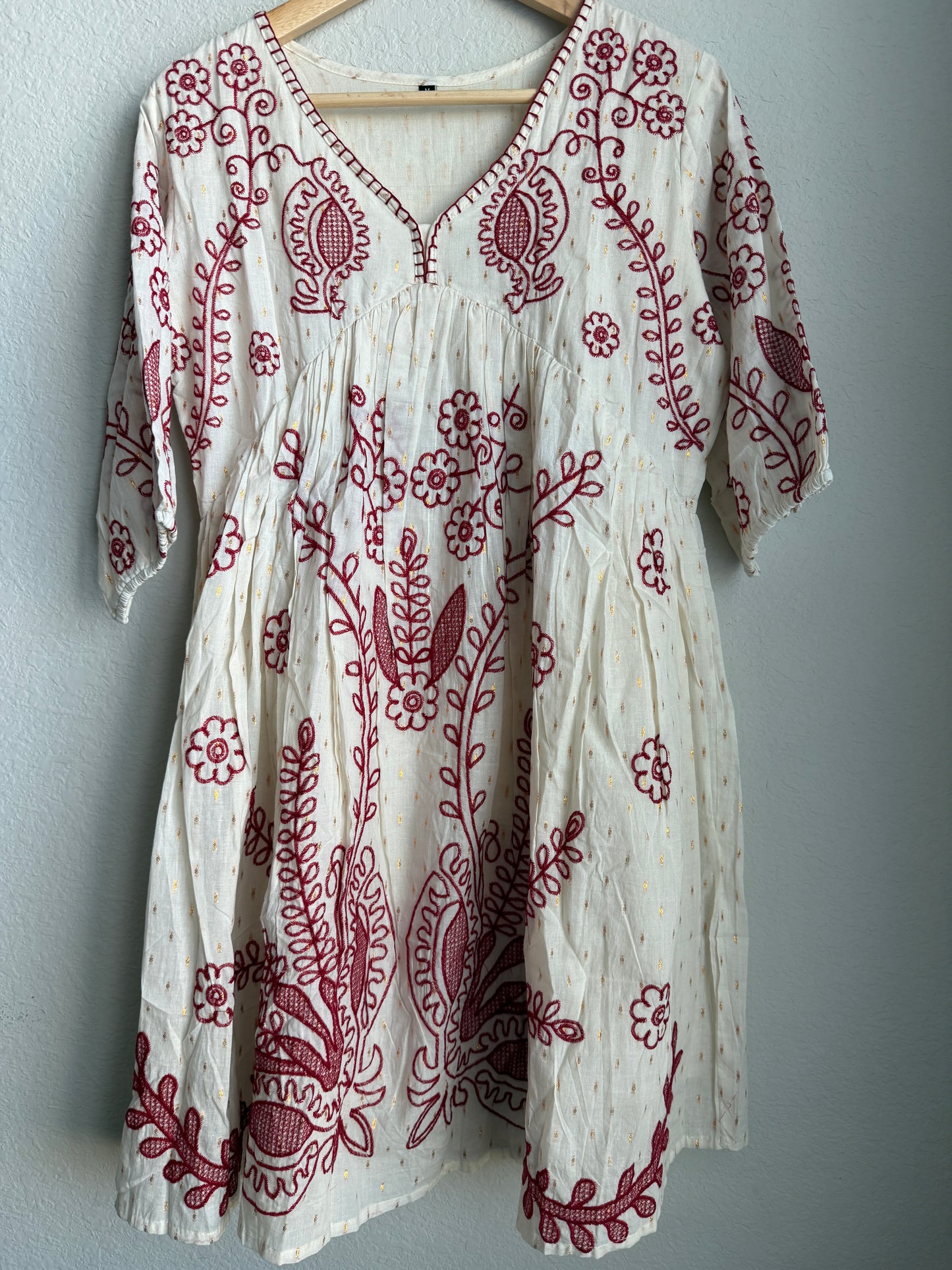 White Cotton Embroidered Short Kurti – Maroon Floral Tunic Dress