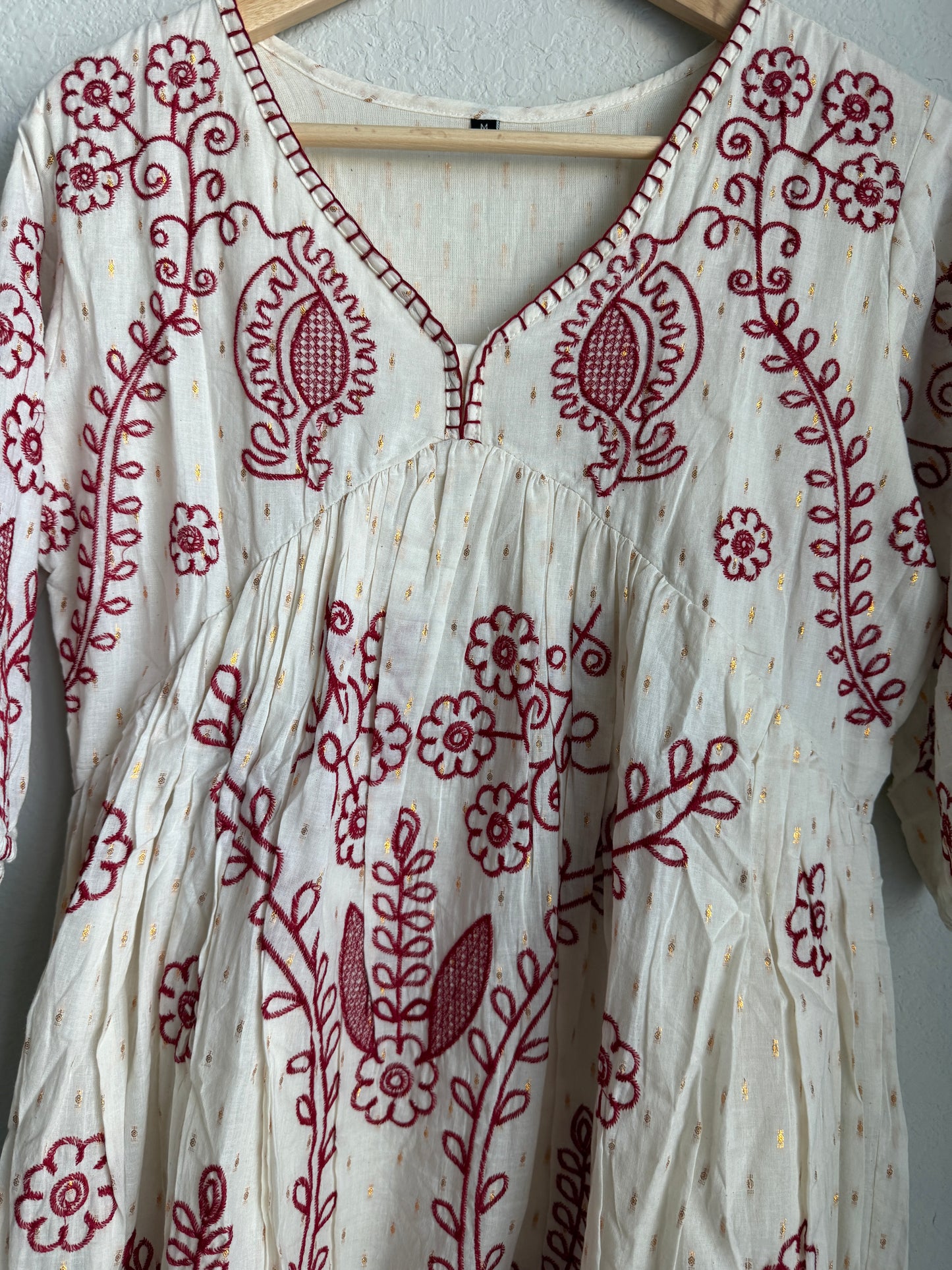 White Cotton Embroidered Short Kurti – Maroon Floral Tunic Dress