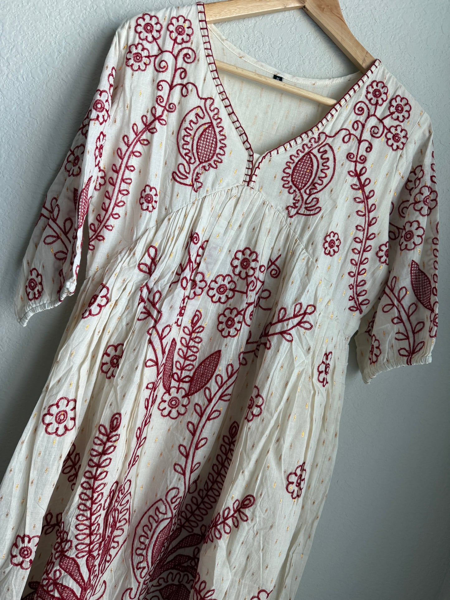 White Cotton Embroidered Short Kurti – Maroon Floral Tunic Dress