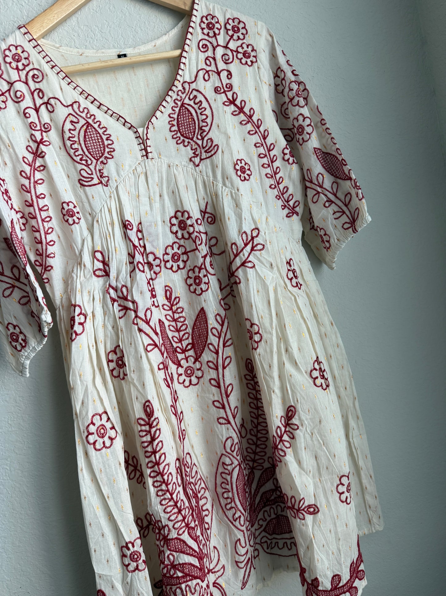 White Cotton Embroidered Short Kurti – Maroon Floral Tunic Dress