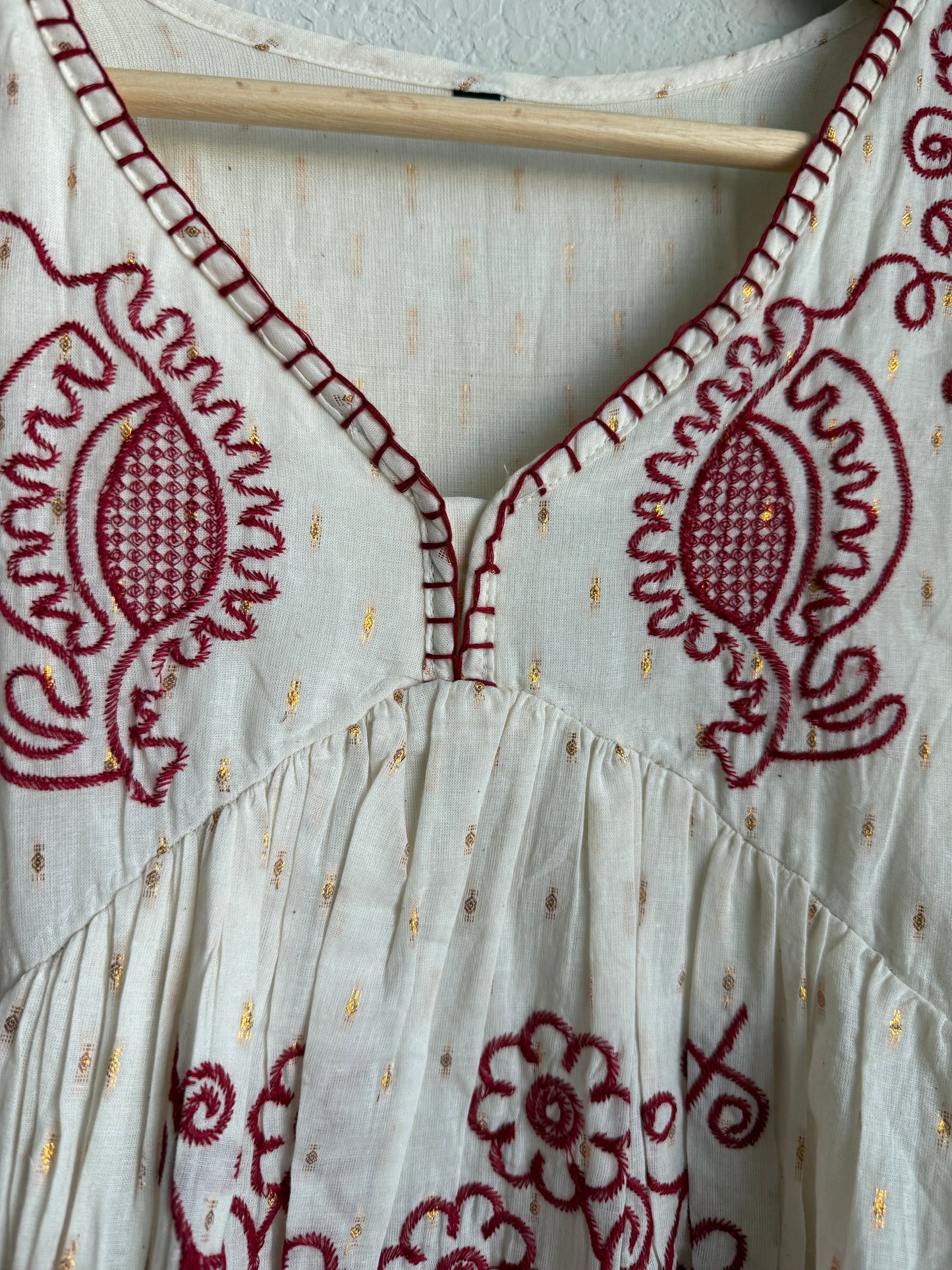 White Cotton Embroidered Short Kurti – Maroon Floral Tunic Dress