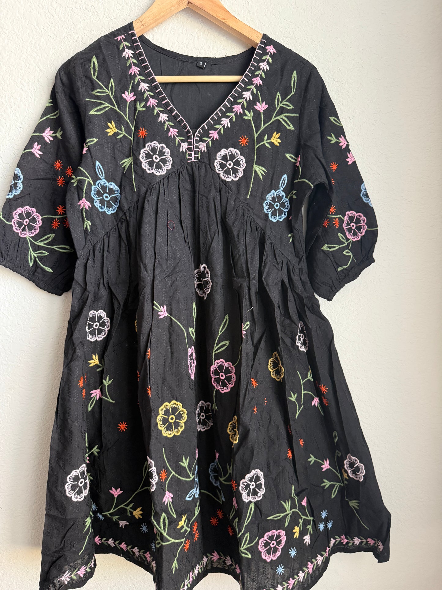 Black Cotton Embroidered Short Tunic Dress – Multicolor Floral Kurti