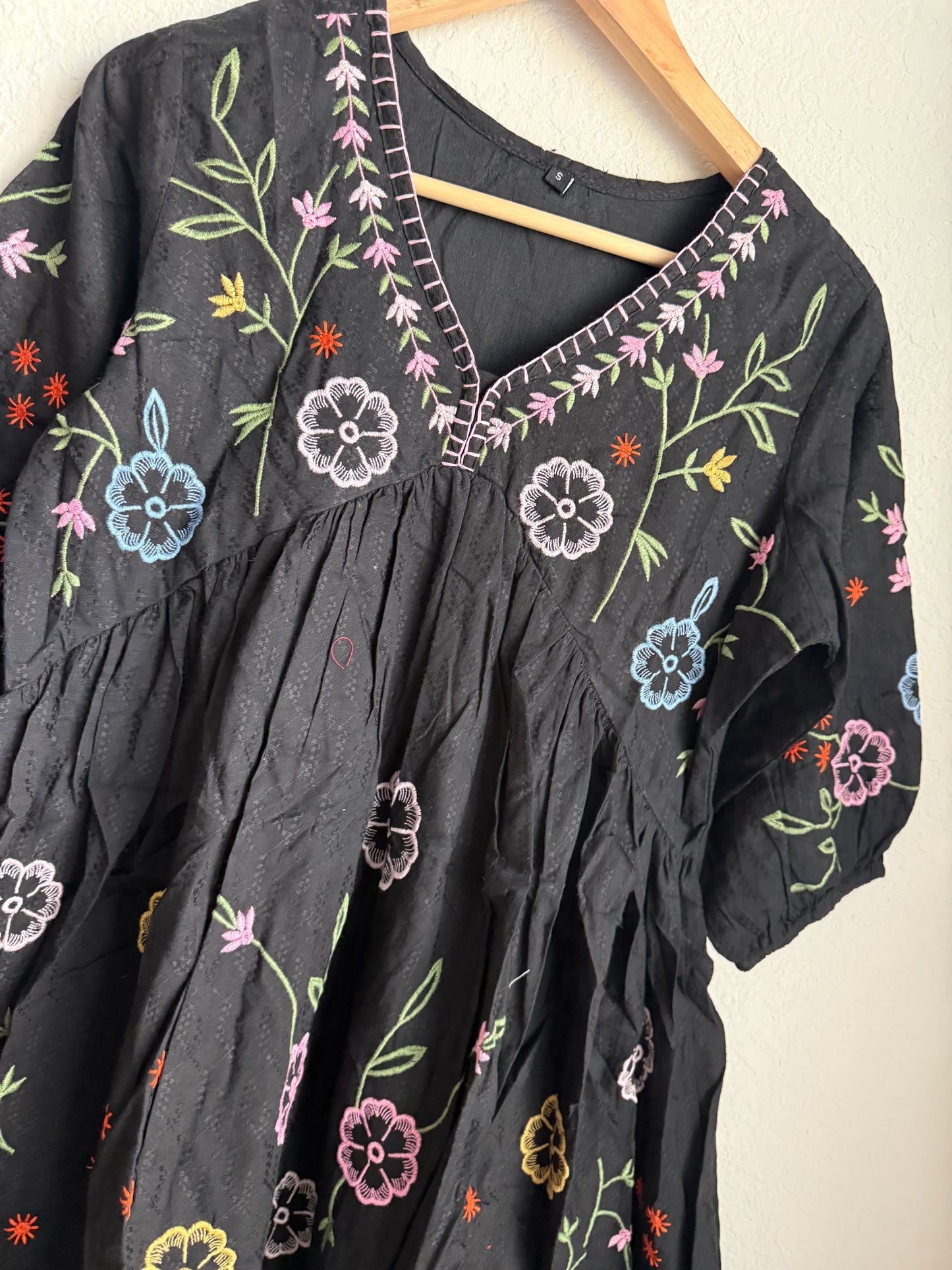 Black Cotton Embroidered Short Tunic Dress – Multicolor Floral Kurti