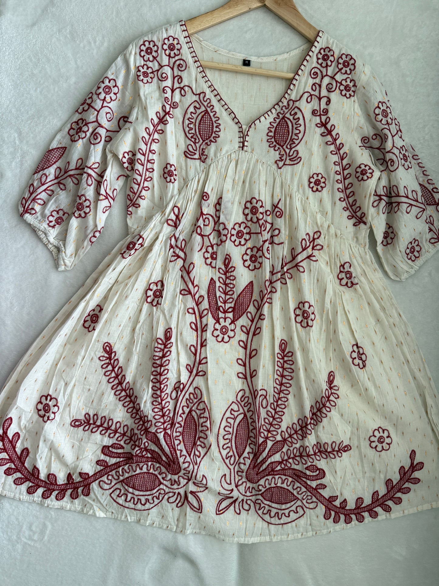 White Cotton Embroidered Short Kurti – Maroon Floral Tunic Dress