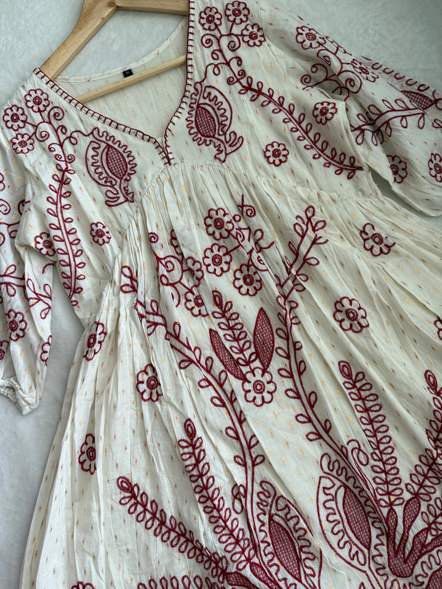 White Cotton Embroidered Short Kurti – Maroon Floral Tunic Dress