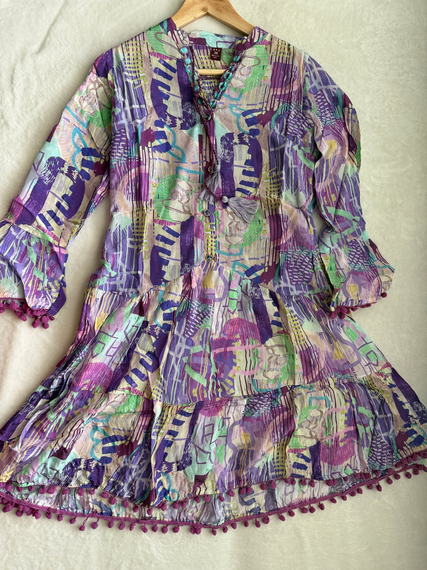 Multicolor Crape Short Vacation Tunic Style Short Dress
