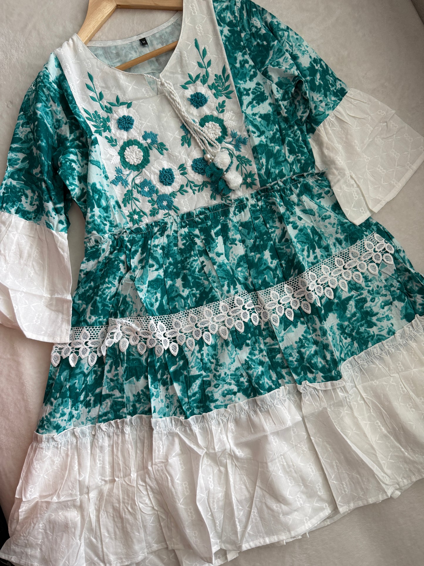 White and Blue Short Dress - Cotton Short Kurti - Boho Vacation Tunic