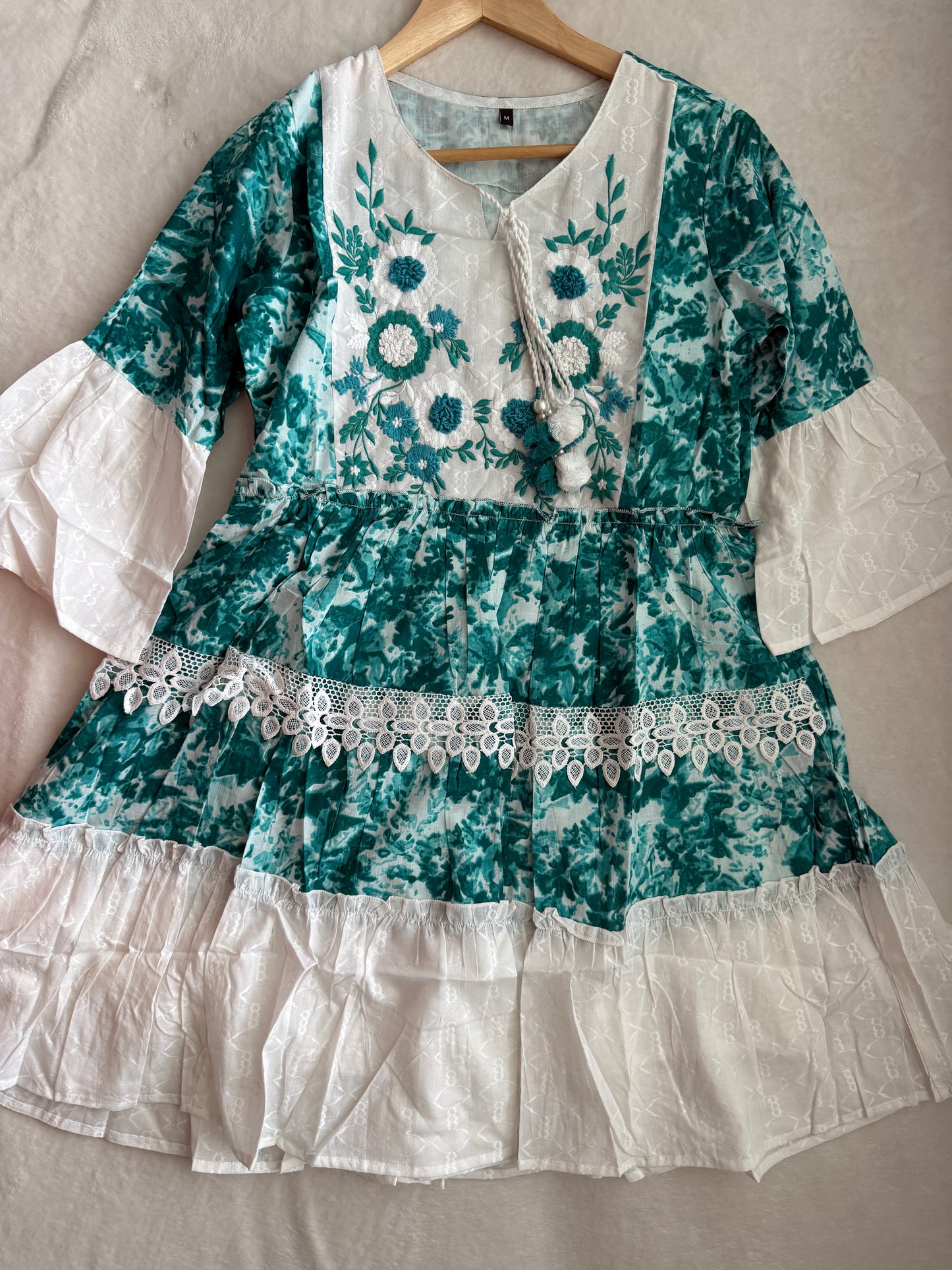 White and Blue Short Dress - Cotton Short Kurti - Boho Vacation Tunic
