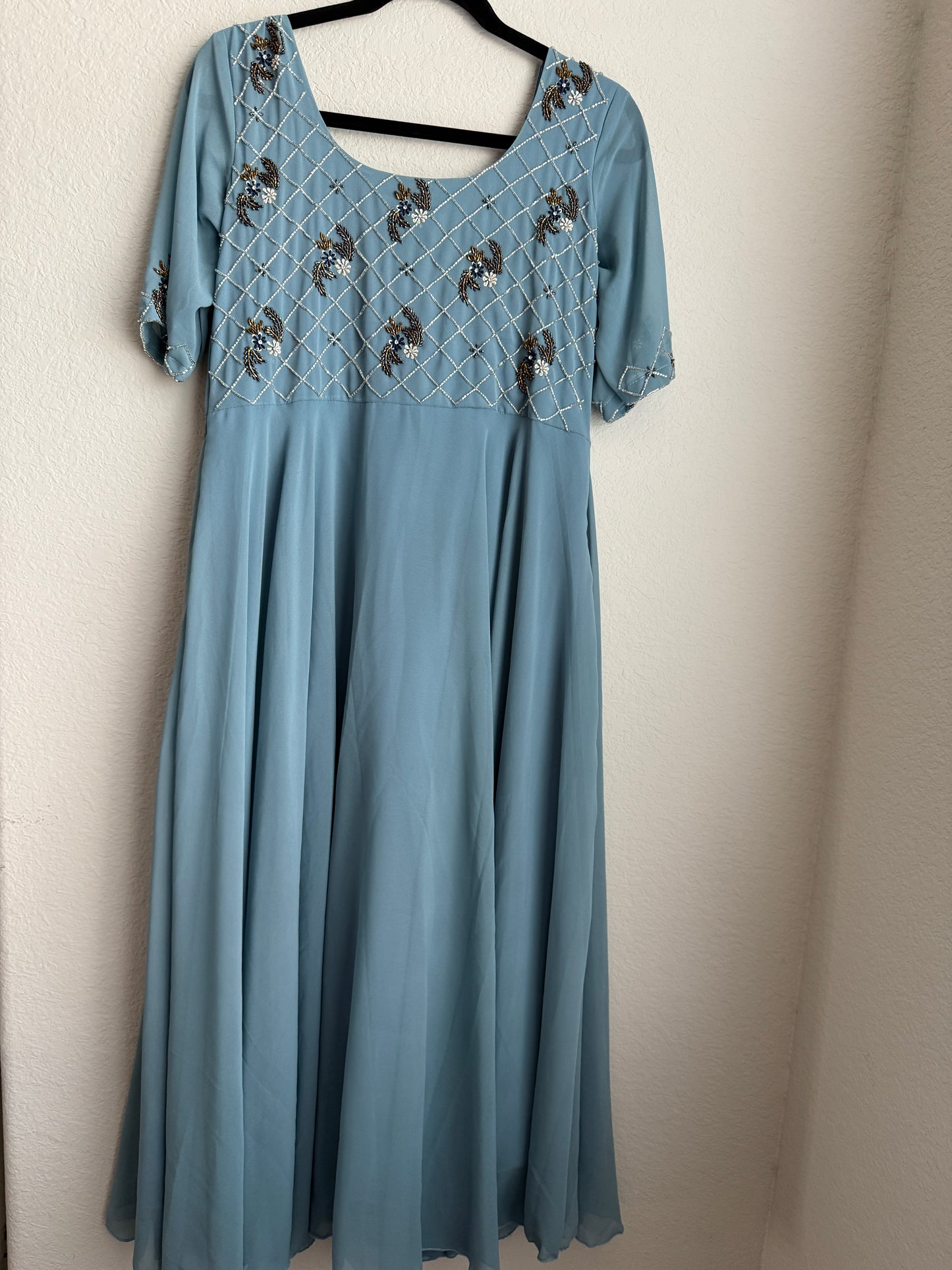 Powder blue grayish heavy maggam work georgette anarkali tunic
