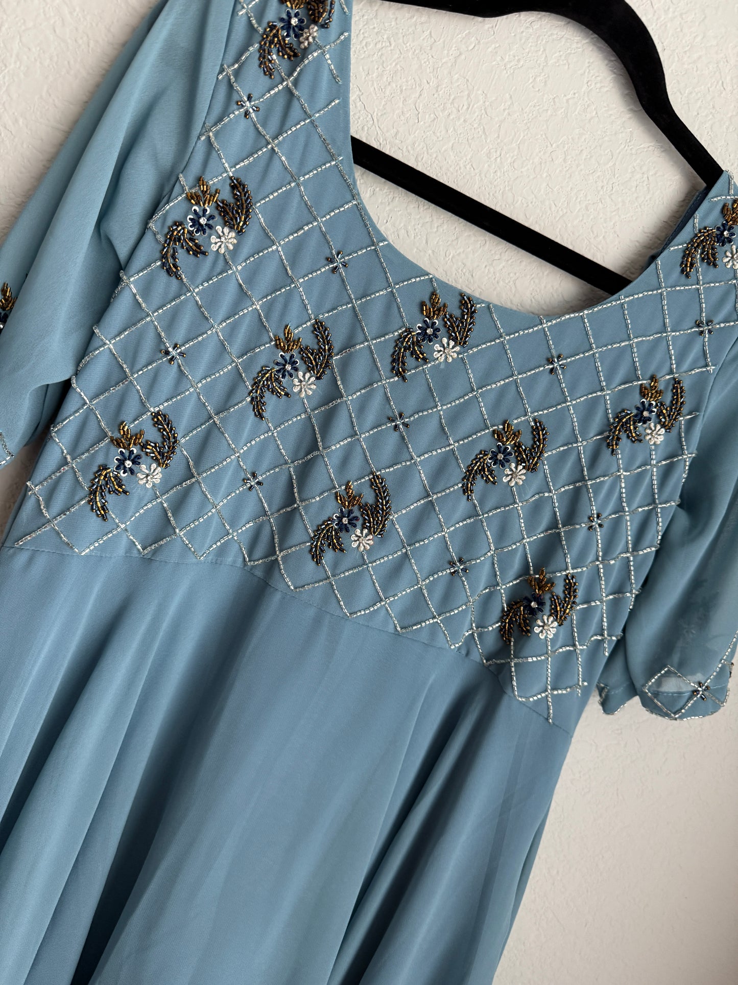 Powder blue grayish heavy maggam work georgette anarkali tunic