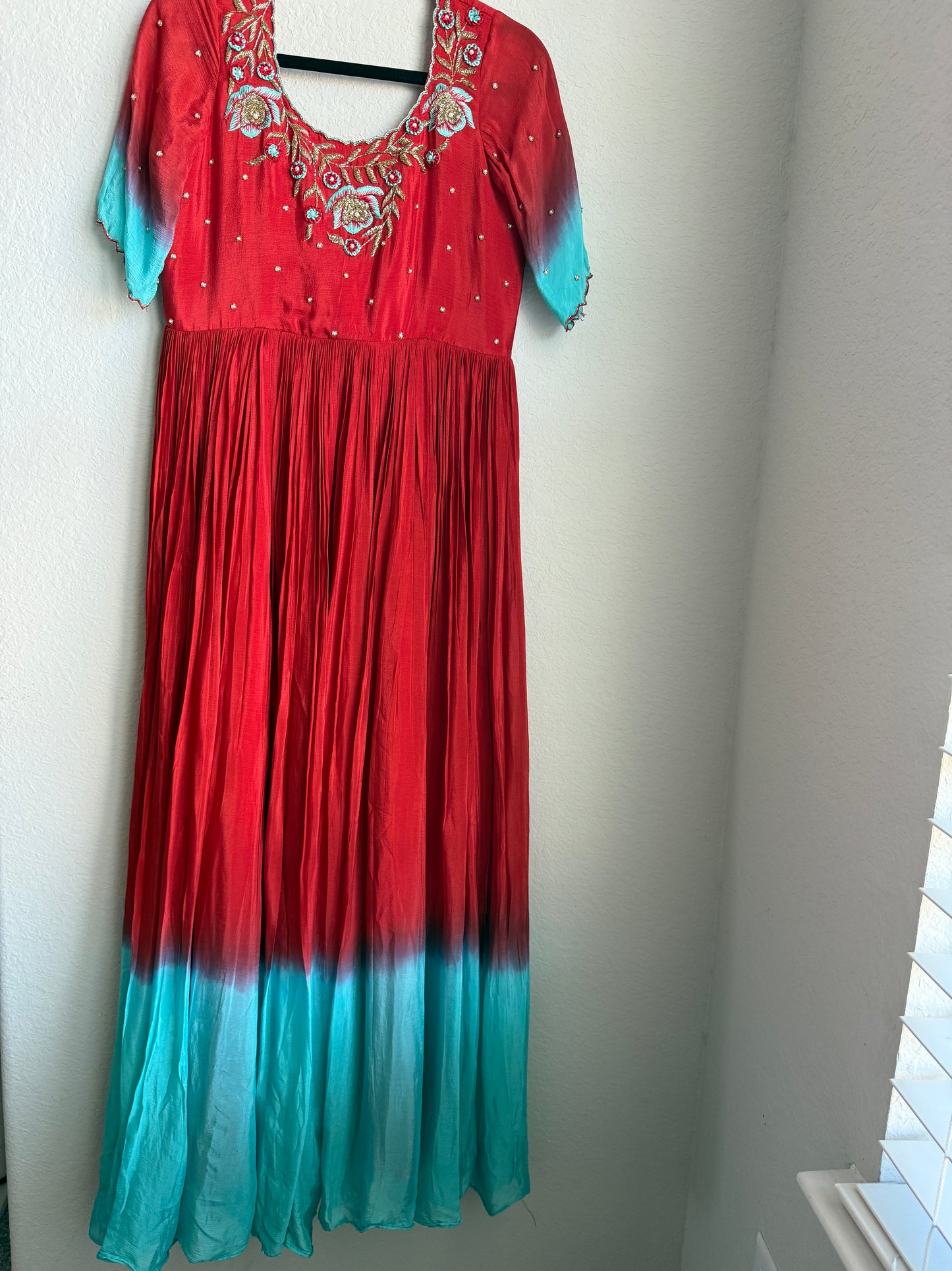 Red with teal dual shade chinnon long designer anarkali dress with maggam work detailing on the yolk