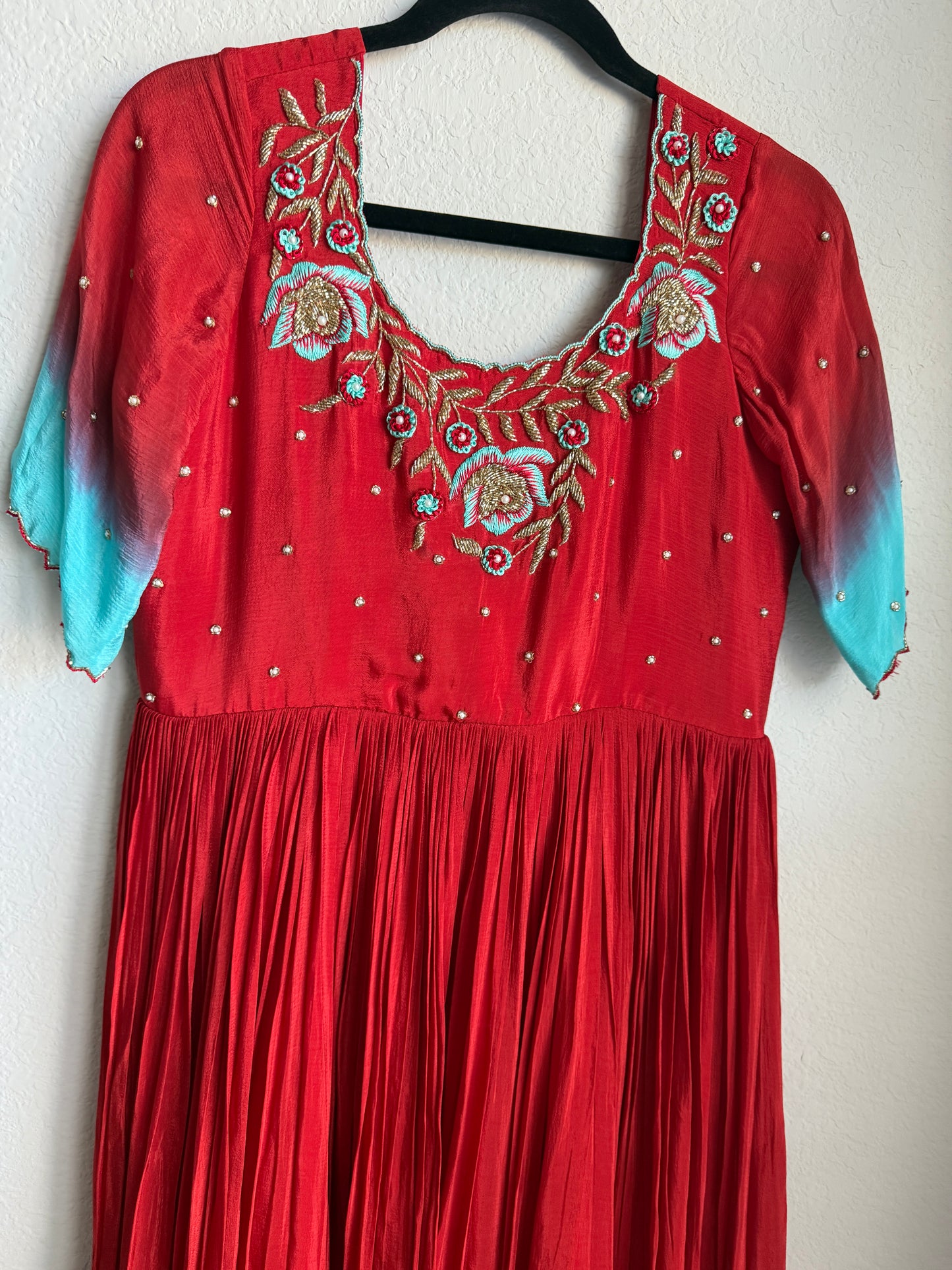 Red with teal dual shade chinnon long designer anarkali dress with maggam work detailing on the yolk