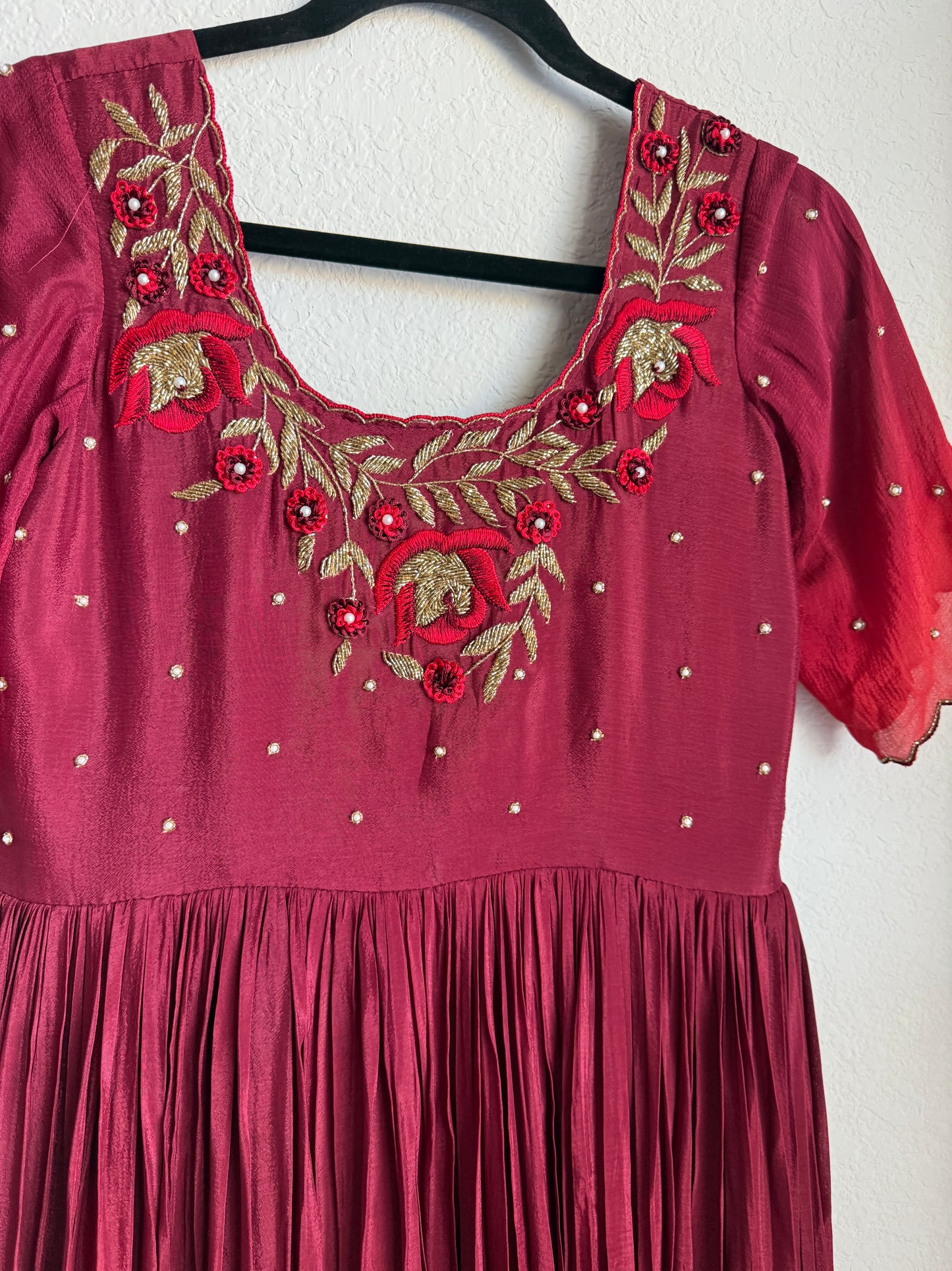 Maroon with red dual shade chinnon long anarkali dress with maggam work detailing on the yolk